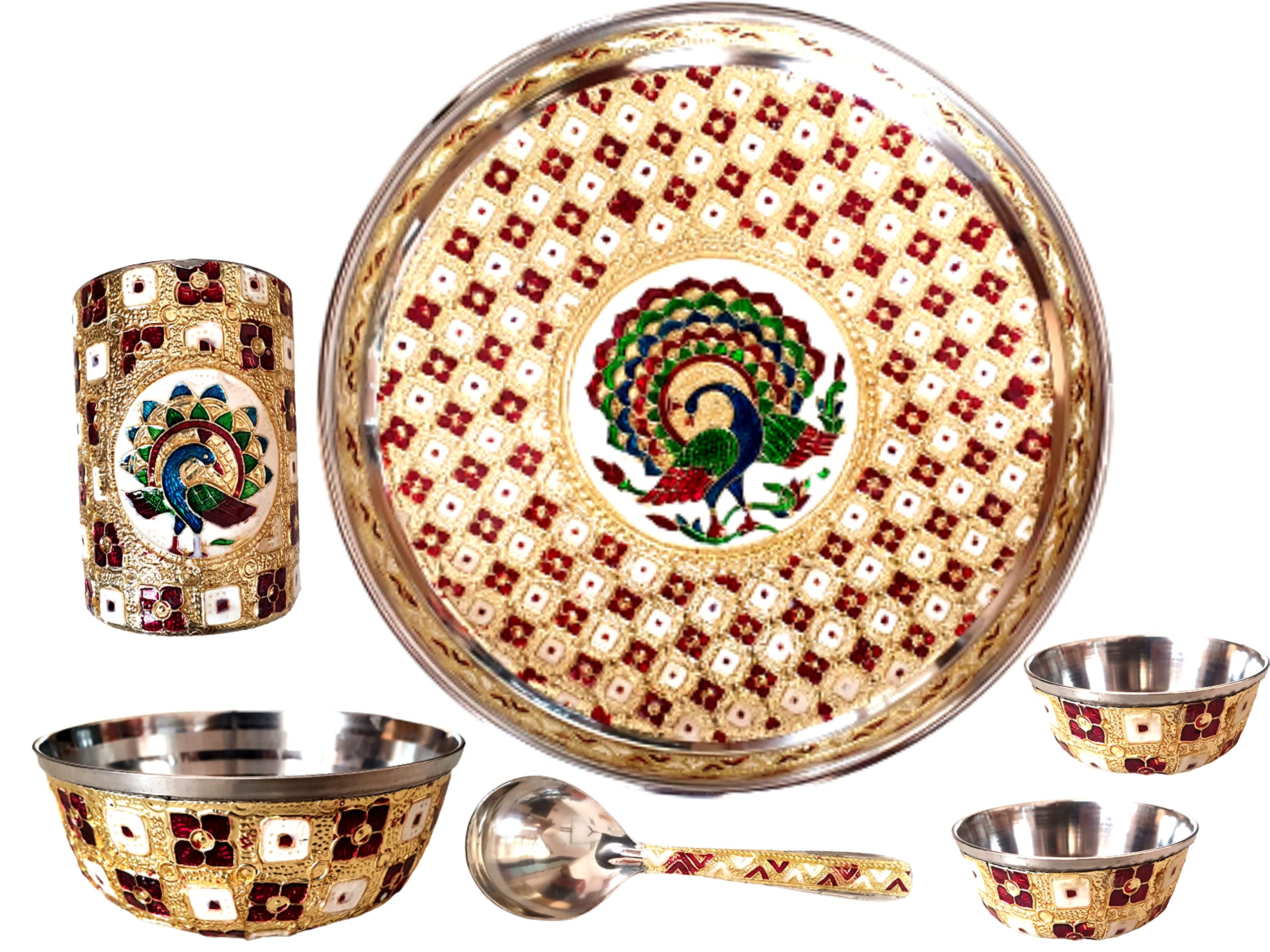 Buy Stainless Steel Handcrafted Peacock Design Meenakari Work Pooja Thali with Glass, Katori and