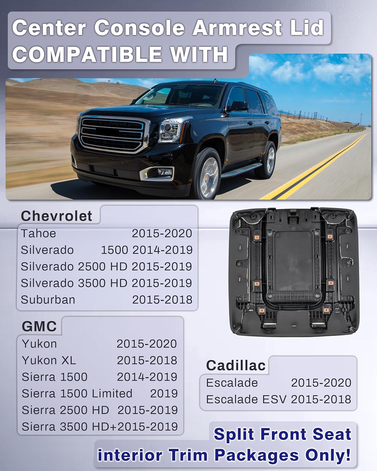 Center Console Lid Replacement Kit Compatible with Cadillac Chevy GMC Vehicle 2014-2020 Silverado Suburban Tahoe, Sierra Yukon XL, Escalade,Black