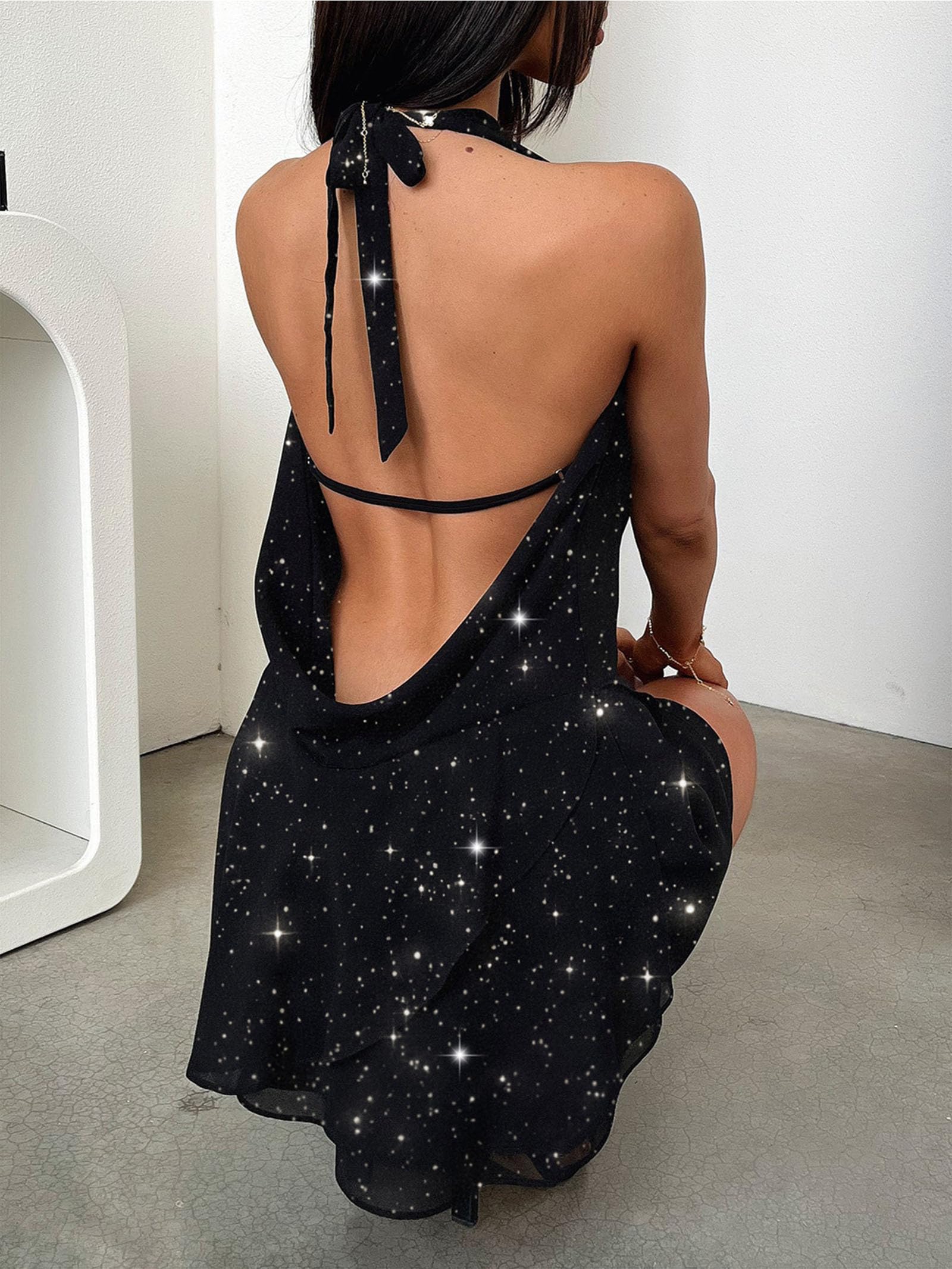 Abito Mini Donna Senza Maniche Halter con Paillettes, Volant, Scollo Profondo, Schiena Scoperta Elegante Estivo Elasticizzato Vestito Corto Aderente,002,S