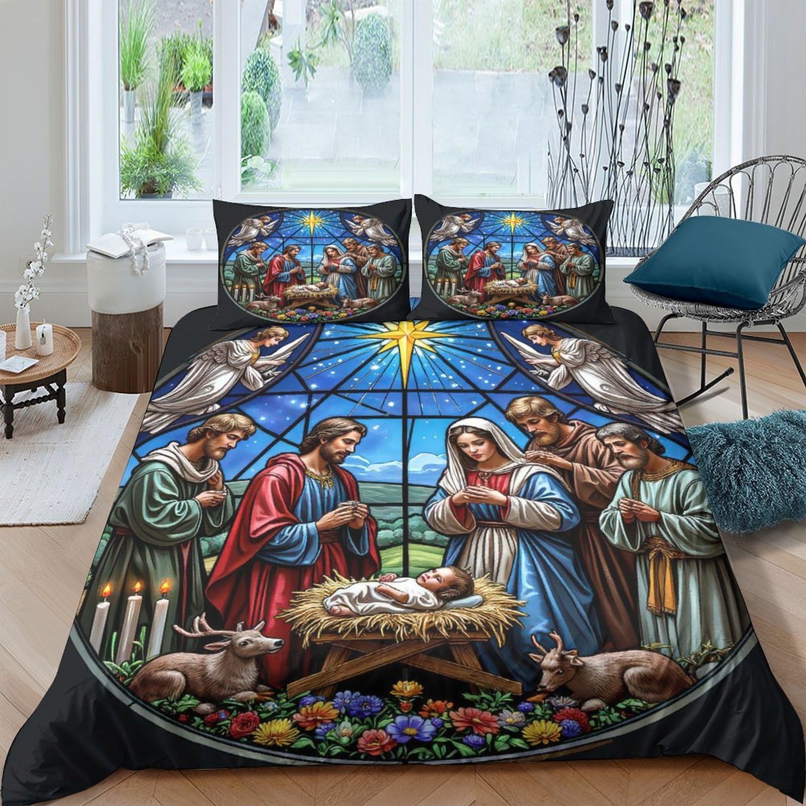 Ctjqhvkz Style-5 3D Printed Nativity Scene Fitted Sheet Microfiber Soft Decorative Christmas Art Bed Cover For Bedroom Guest Room Single（135X200cm）