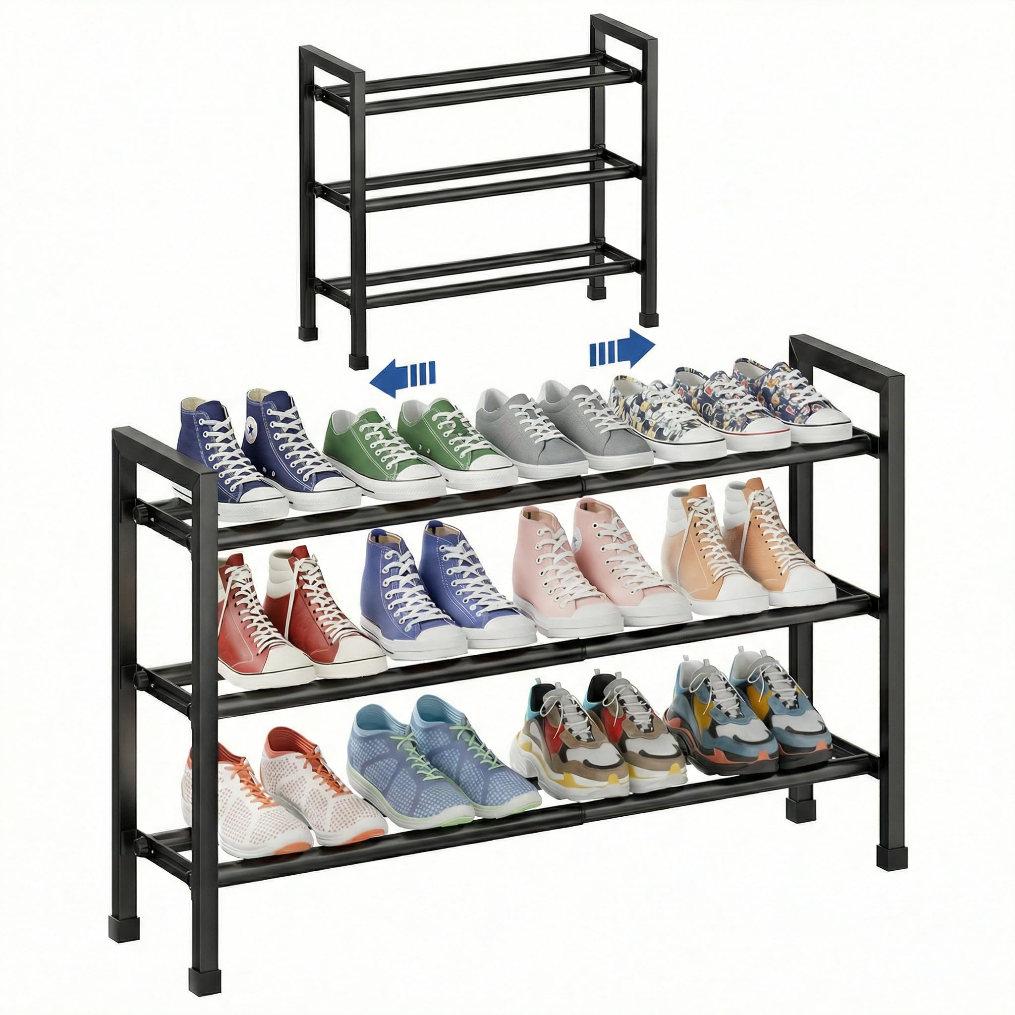 Mavivegue Shoe Rack, 3 Tier Shoe Rack, Extendable, 46.7-83.8 cm, Expandable Shoe Rack, Space-Saving, Metal Shoe Rack for 12 Pairs, for Hallway, Hallway, Balcony, Outdoor, Camping, Black