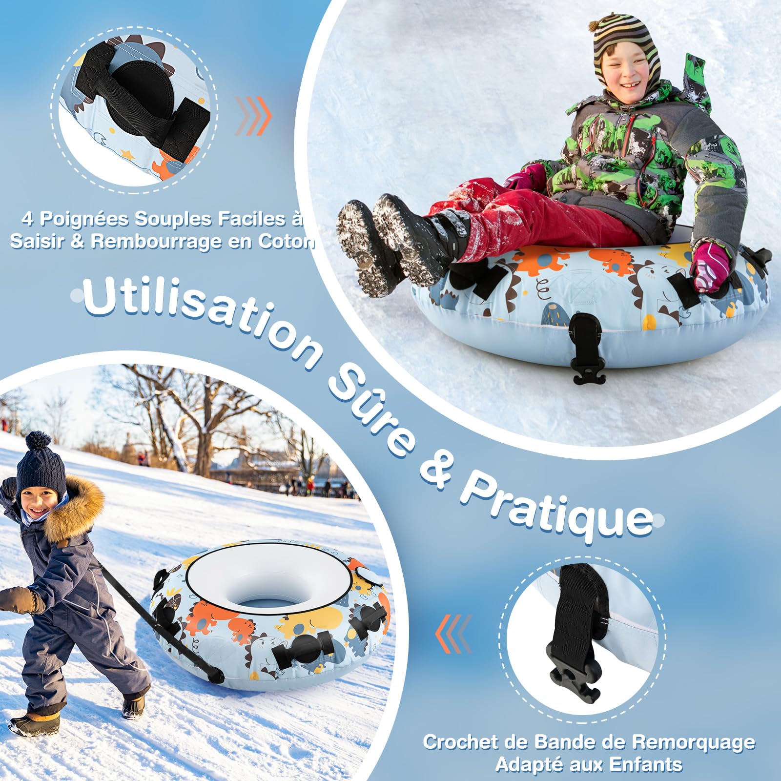 GOPLUS - Trineo para nieve hinchable, 132 cm, trineo resistente al frío con funda Oxford, fondo grueso, 4 asas acolchadas, gancho de correa de remolque, trineo inflable para niños y adultos