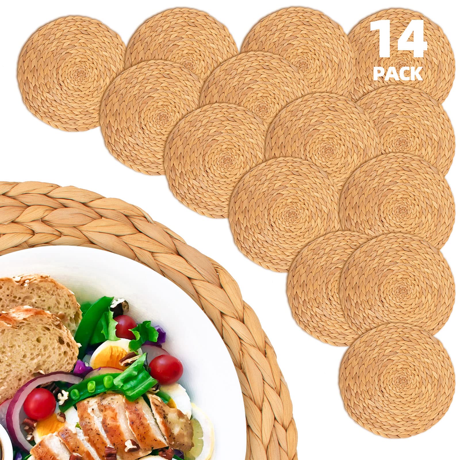Photo 1 of 14 Pack Woven Placemats Rattan Placemats for Kitchen Dining Table Round Natural Water Hyacinth Placemats Wicker Seagrass Heat Resistant Non-Slip Weave Mat Handmade (12" Round)