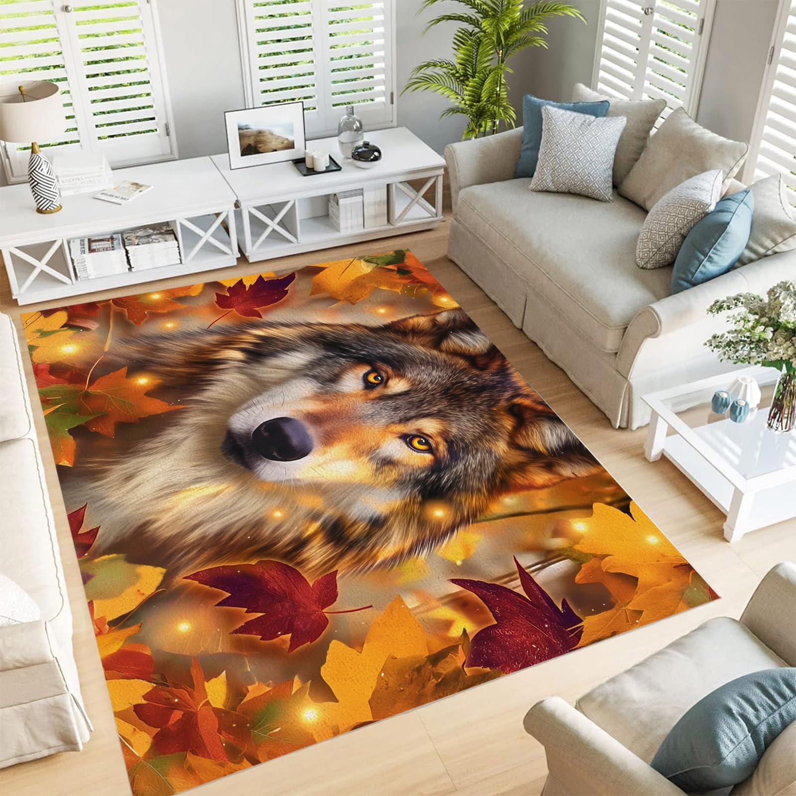 Tapis motif feuilles d'automne grand format au design loup moderne abstrait