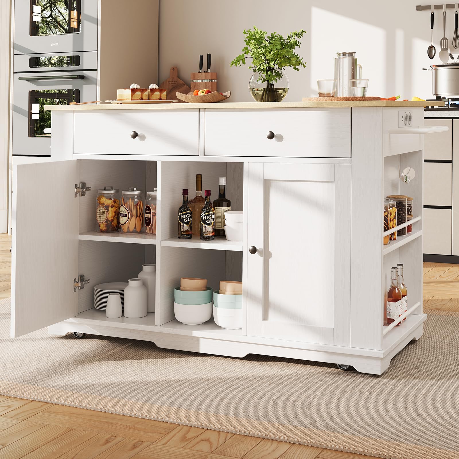 ilot central cuisine,Îlot de Cuisine Moderne, Chariot de Cuisine équipé d'une Multiprise, Plateau de Table Pliable, 2 Tiroirs, 2 Portes, étagère de Rangement et Porte-Serviettes (B-White-151×60×92 cm)