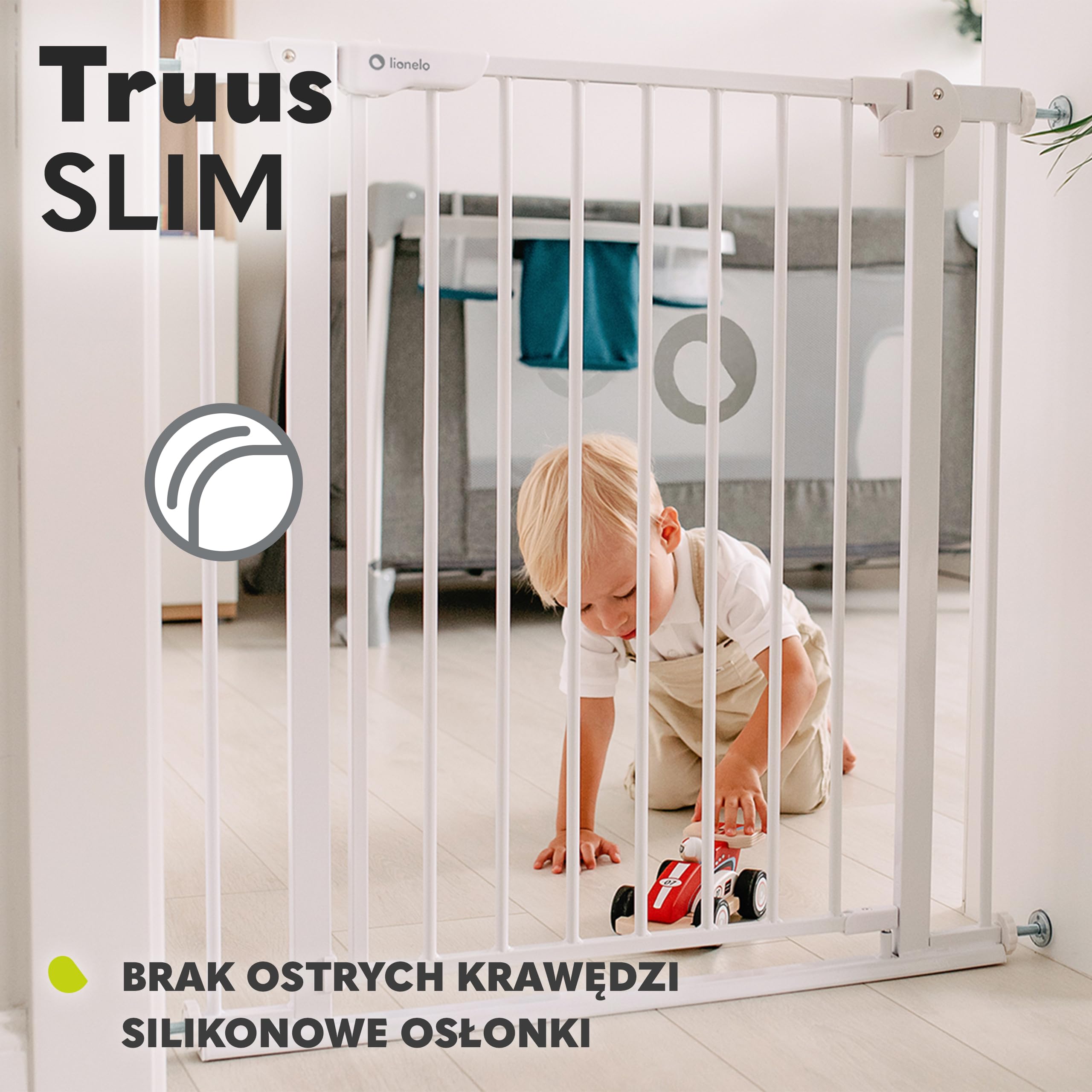 LIONELO Truus Slim Barierka Ochronna do Drzwi dla Niemowląt, Regulacja Szerokości 75-105 cm Silikonowe Osłonki, Automatyczne Zamknięcie, Dwustronne Otwieranie Blokada Zamknięcia