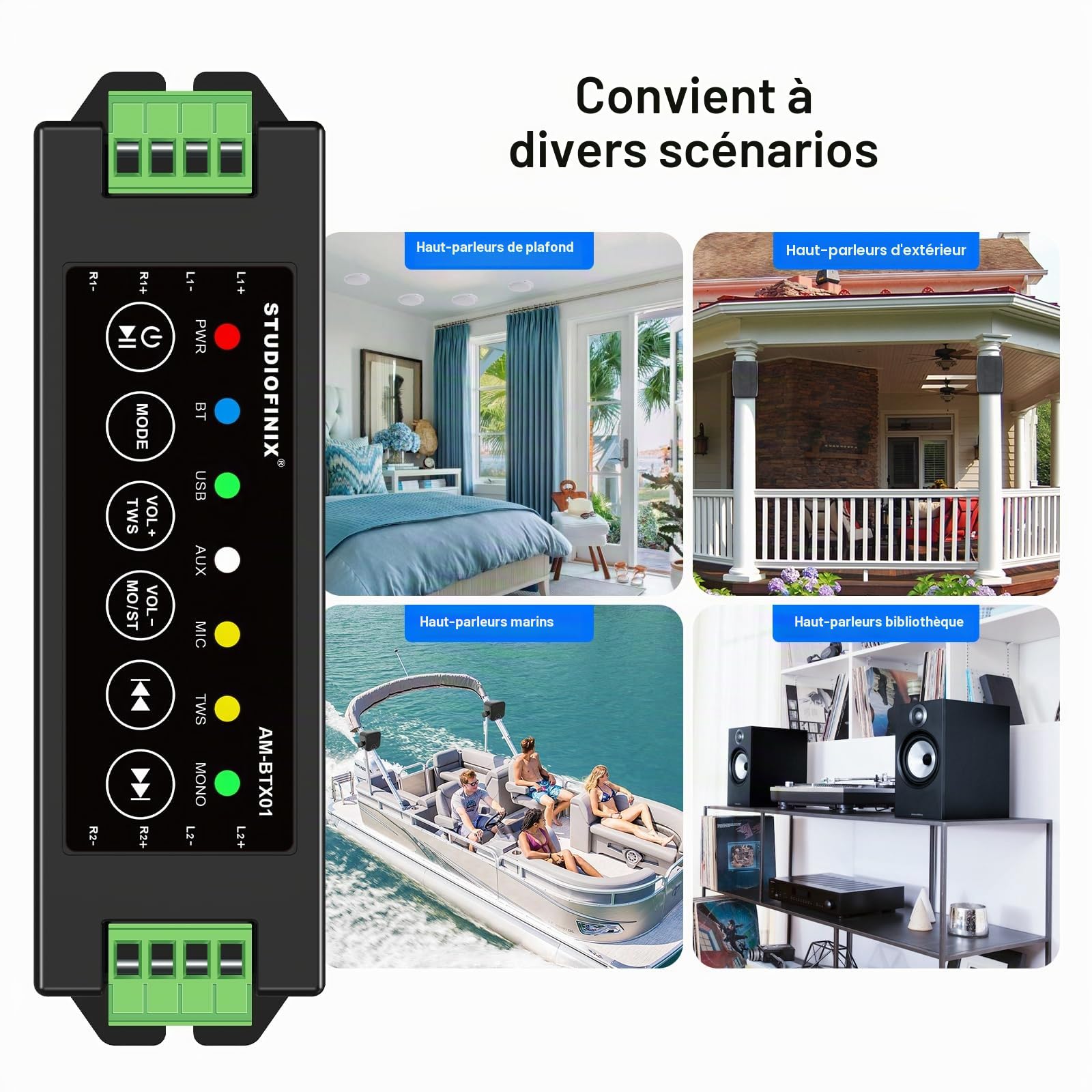 STUODIOFINIX Mini amplificateur Bluetooth 4 canaux 120w pour Haut-parleurs passifs avec TWS, AUX, MIC, USB, pièce détachée, adapté aux Haut-parleurs muraux/Plafond/Marine/bibliothèque