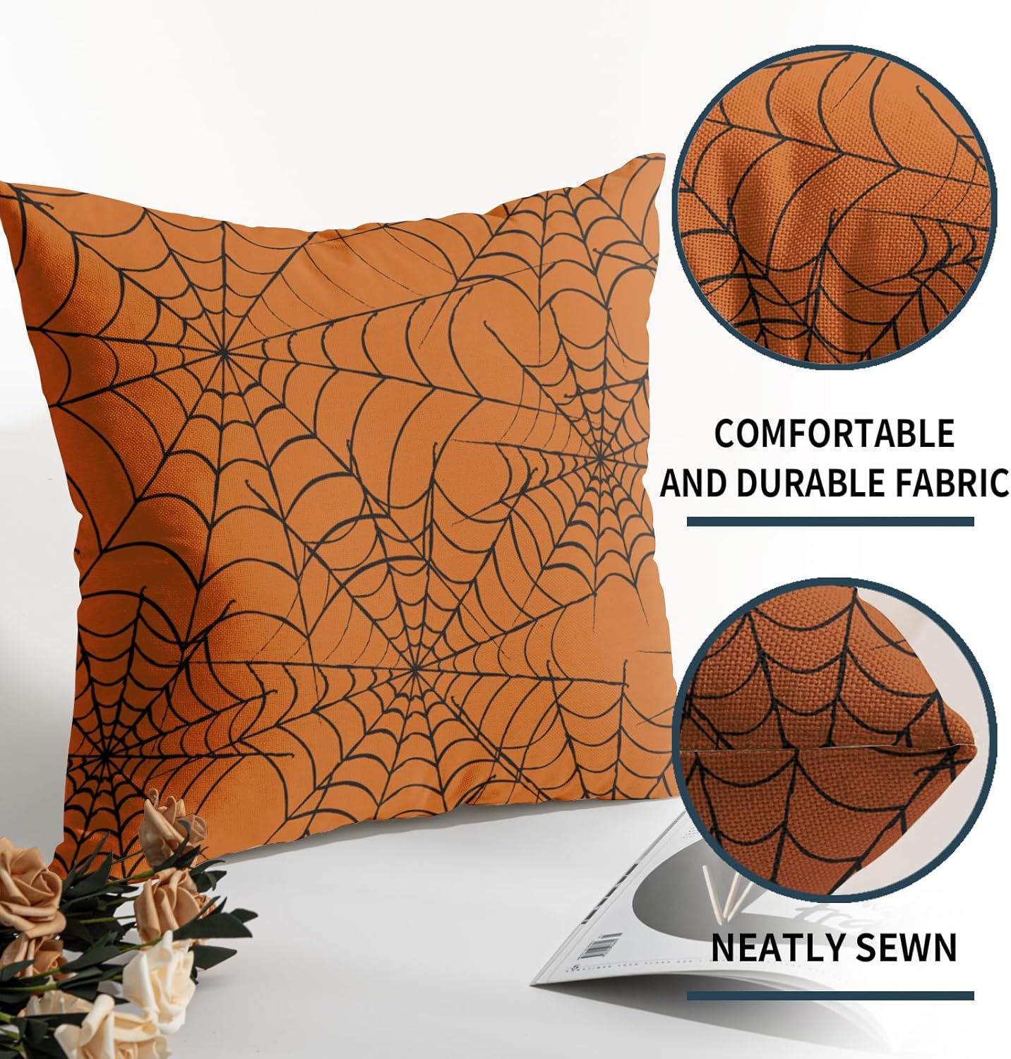 Halloween Spiderweb Pillow Covers 24x24 Set of 2 Burnt Orange Black Web Outdoor Decorative Throw Pillows Halloween Scary Themed Farmhouse Pillowcases Linen Cushion Case Decor for Home Sofa Couch Bed