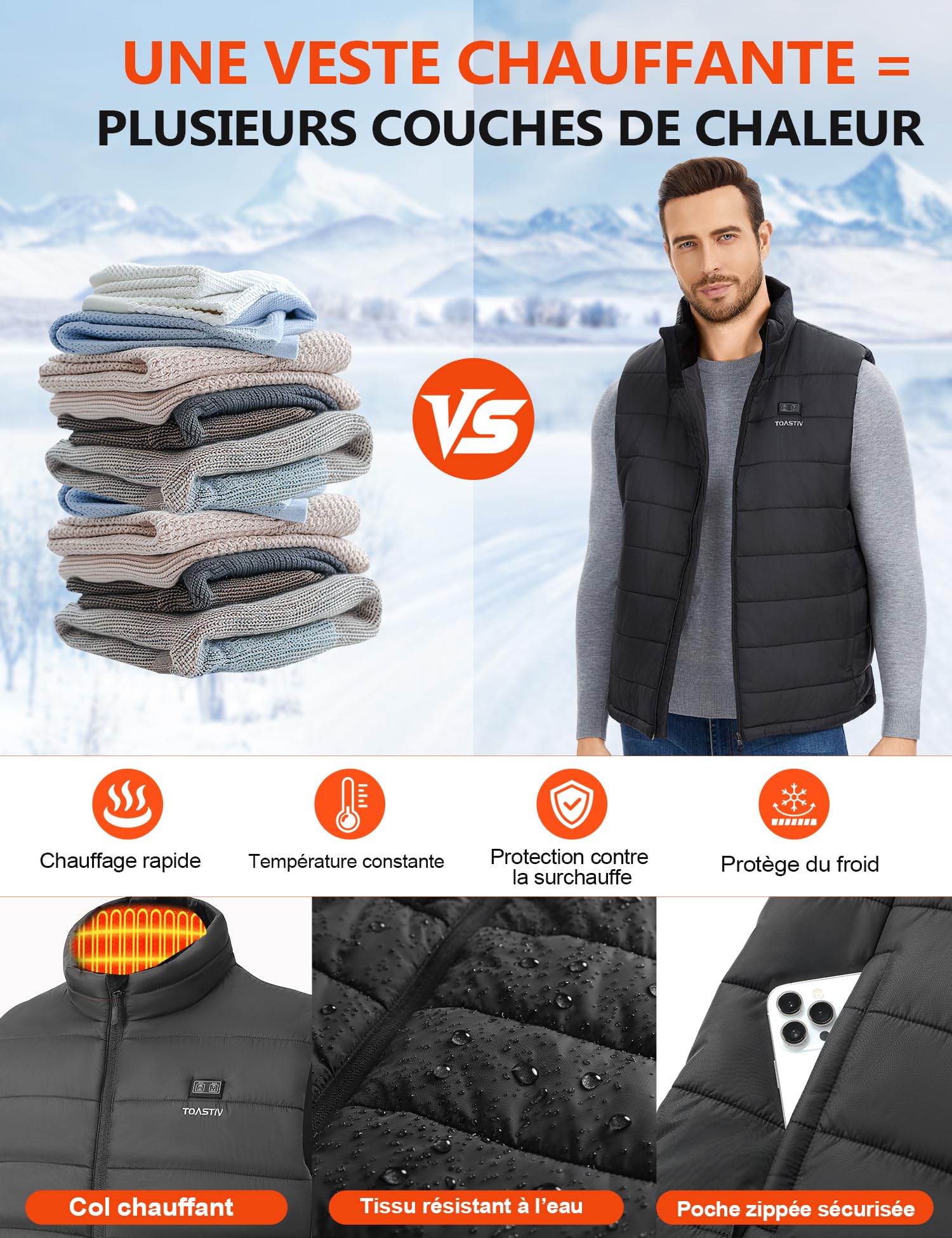 Gilet Chauffant Homme avec Batterie Externe 18400mAh 7.4V, Gilet Chauffant Lavable, Veste Chauffante pour Hiver，Jusqu’à 11h de Chaleur