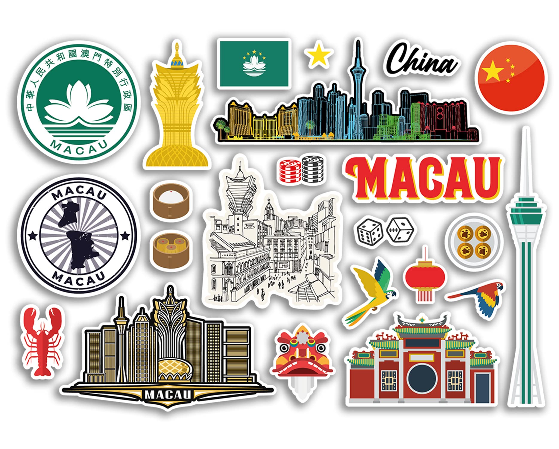 Dv Design Multi A5 Sticker Sheet Macau Landmarks Vinyl Stickers - China Chinese Beach Airport Stamps Skyline Flag Travel Holiday Scrapbooking City Luggage #79110