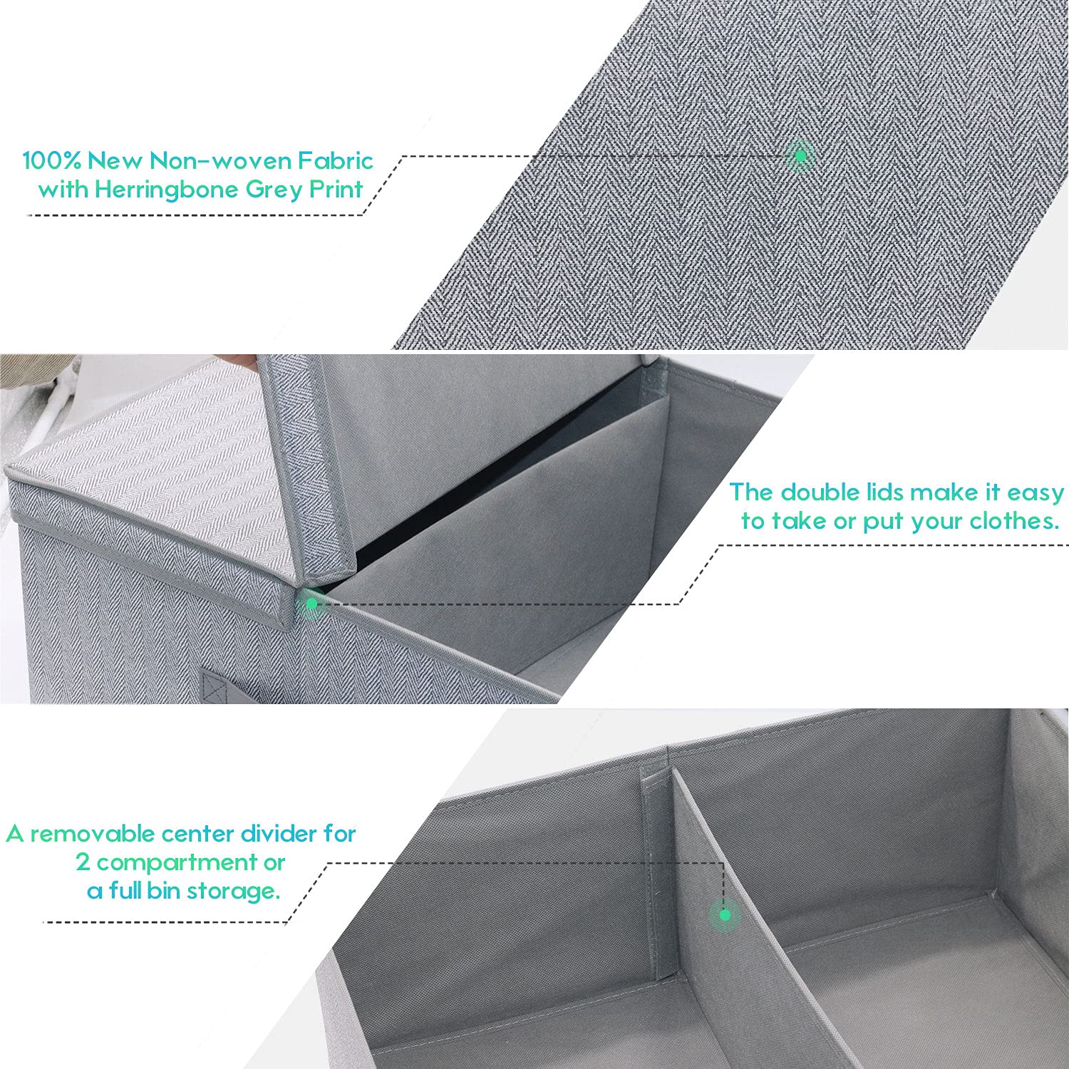 Onlyeasy Größere faltbare Aufbewahrungsboxen aus Stoff, 2 Stück, für Zuhause, Schrank, Kinderzimmer mit Deckeln, Griffen und herausnehmbarer Trennwand, 50 x 41,9 x 20,1 cm, Fischgrätengrau, MXRLB50P2