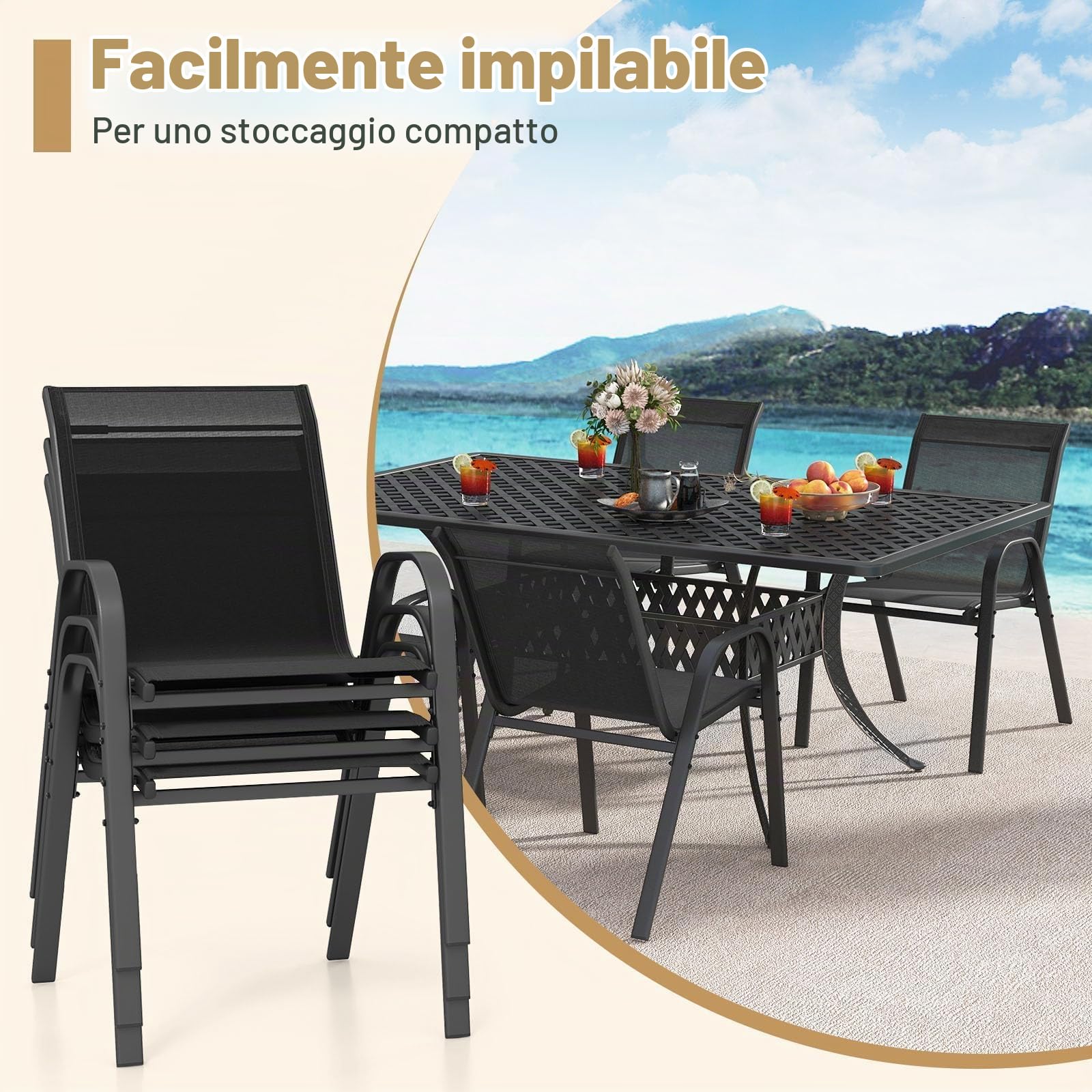 FANTASK Set di 4 sedie da giardino, impilabili, portata fino a 150 kg, sedie da balcone in textilene e struttura in metallo, 56 x 70 x 84 cm, colore nero