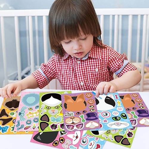 Miniatura 7 de 24 hojas de calcomanías de gatos, pegatinas para hacer caras, crea tus propias calcomanías de gatos, calcomanías de animales para niños, regalo de