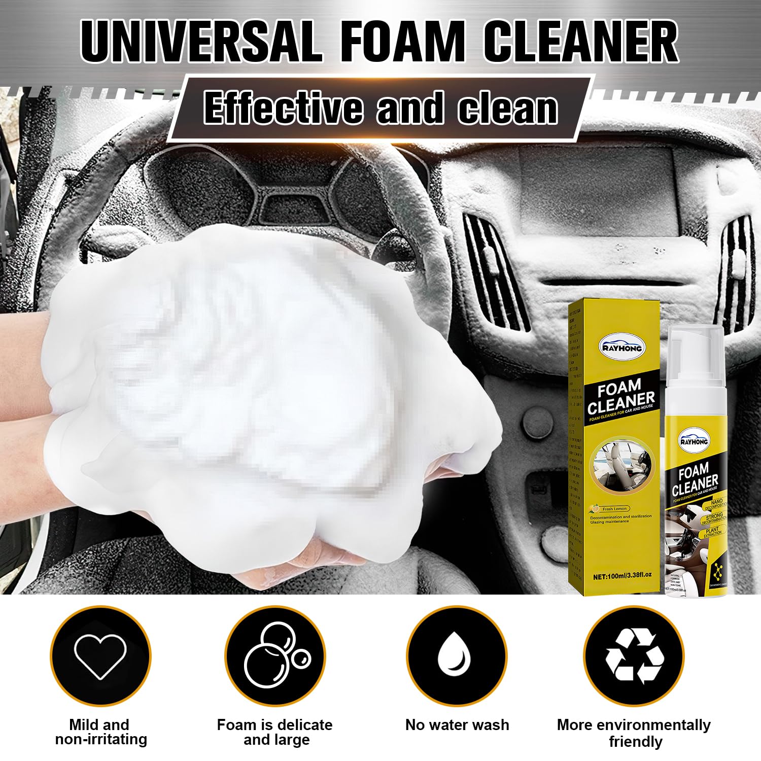 Car Steering Wheel Foam Cleaner,2025 New Car Magic Foam Cleaner For Interior, Multifunctional Interior Cleaner,Effective Grease And Dirt Remova(2PCS)