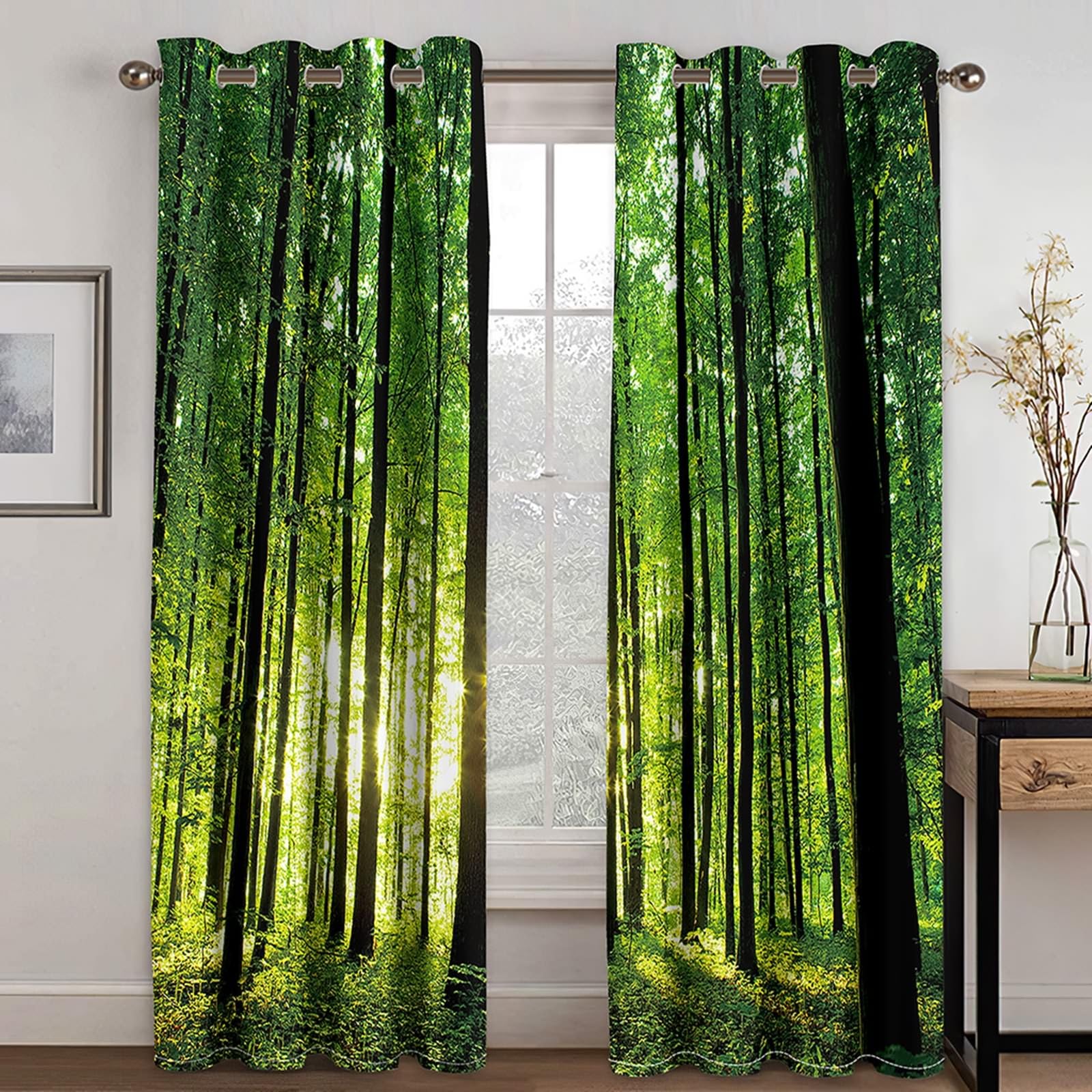 Gualiy Rideaux Opaque Fenetre, Rideau de Salon Paysage Arbres et de Soleil Rideaux Vert Lot de 2 107x138cm