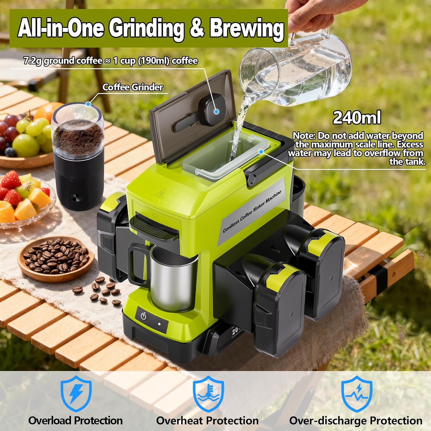 Taingwei Cordless Coffee Maker for Ryobi 18V Battery, Portable Drip Coffee Maker with Electric Coffee Grinder for RV, Camping, Travel, Car, Hiking (Battery Not Included) - Image 4