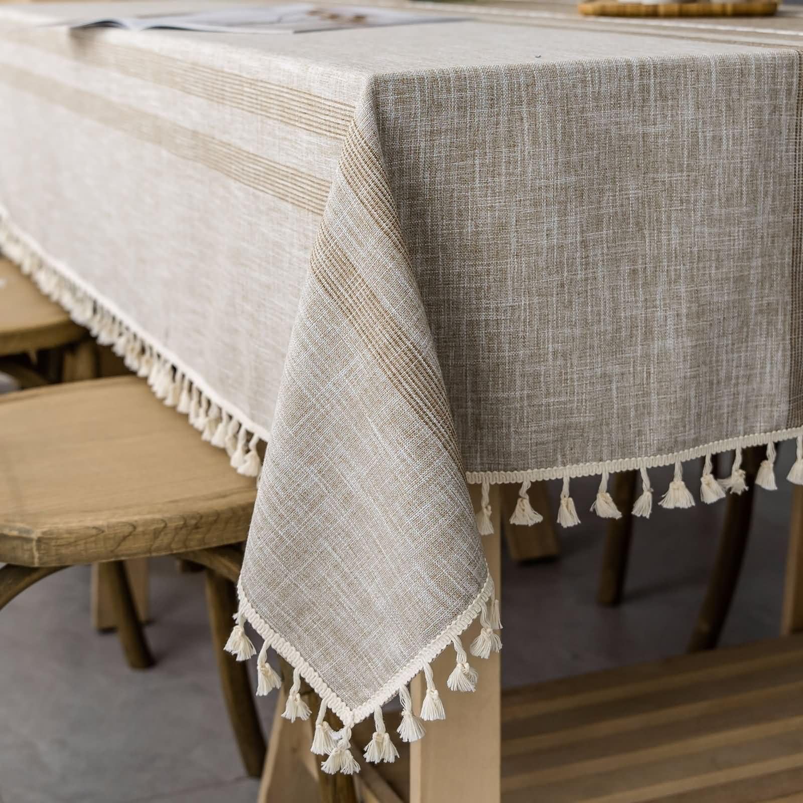 Mantel Rectangular Café Lavable Jardín, Rayas con Borlas, de Poliéster Fácil de Limpiar, 140 x 180 cm, Mantel para Comedor y Cocina