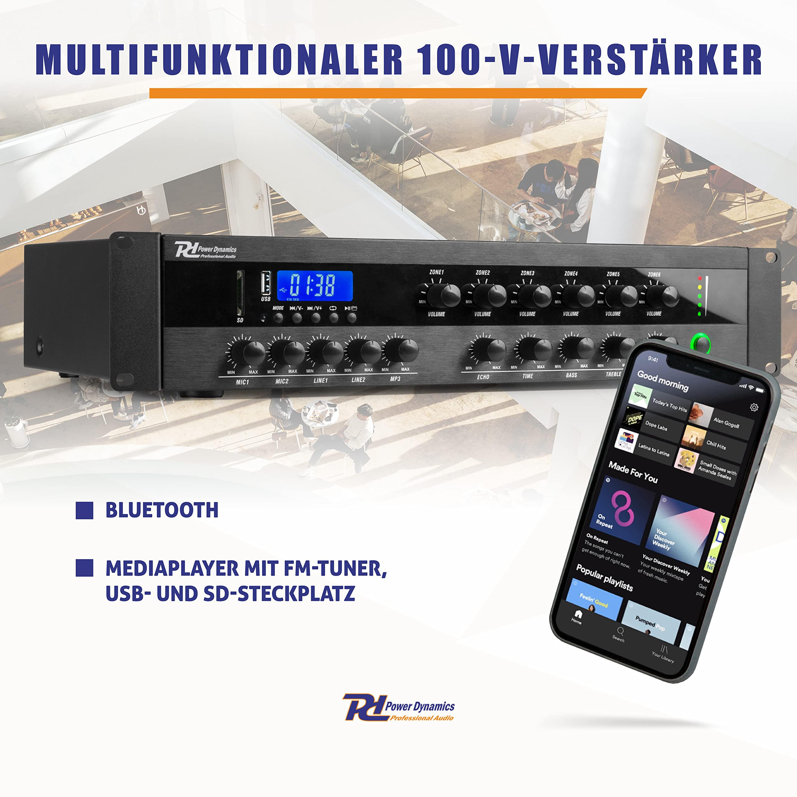 Power Dynamics PDW500MP3 - Verstärker, PA Mixer, 6-Zonen-Verstärker, 500 Watt, Bluetooth, MP3, für 100V- Soundsysteme, RCA-Inputs, MIC-IN, 3-Band EQ, Mehrzonen Endstufe
