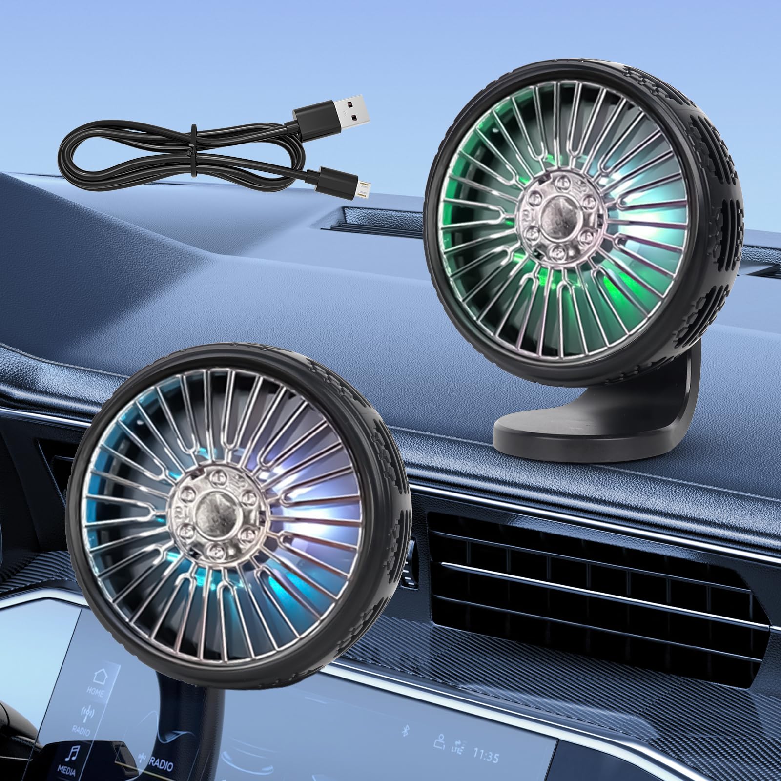 Ventilateur De Voiture,Ventilateur De Voiture USB, 2PCS Ventilateur De Refroidissement Portable Pour Voiture, Rotation à 360°, Ventilateur Voiture Avec 2 Vitesses, Ventilator Auto Pour Suv, Rv