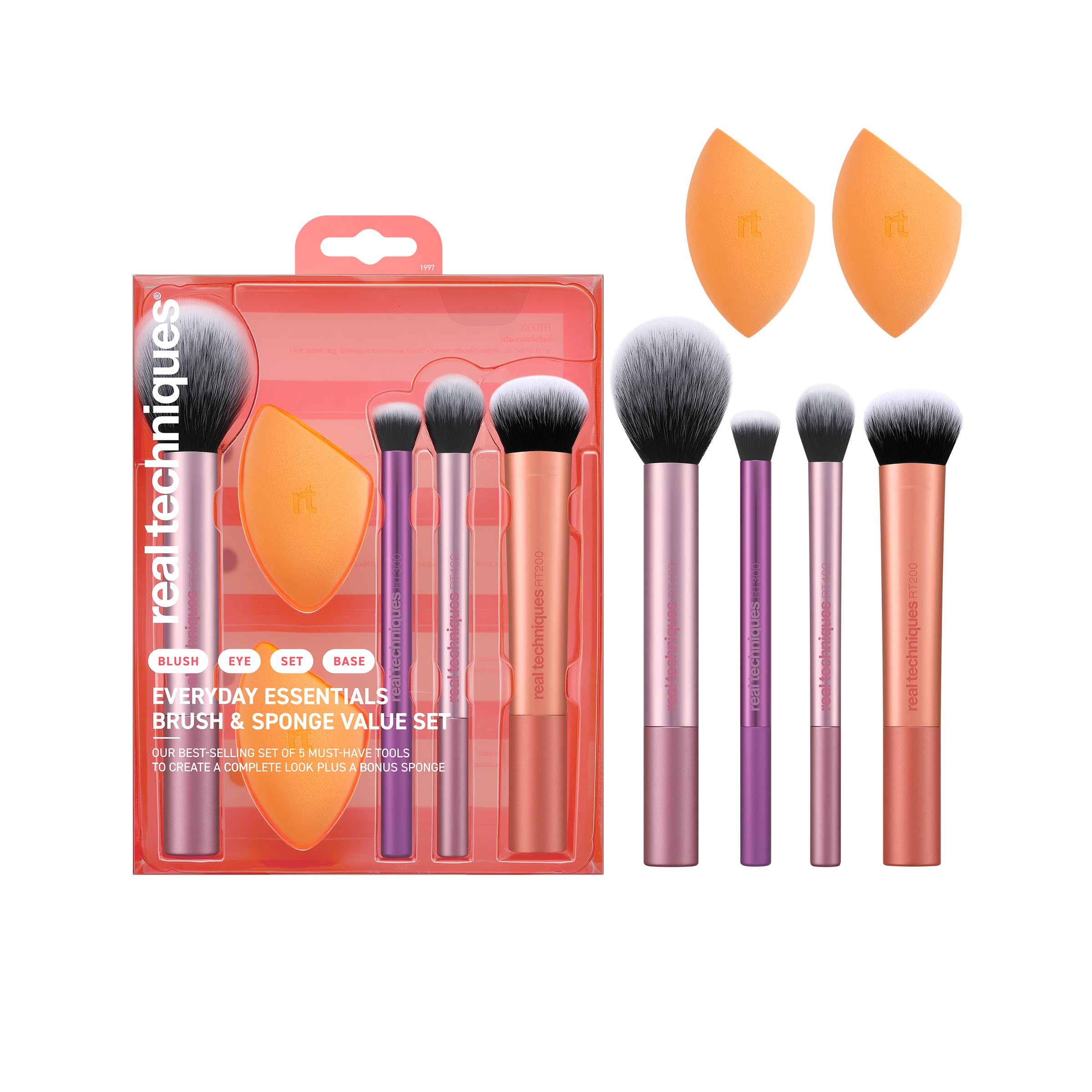 Real Techniques Everyday Essentials + Make-up-Schwamm-Set, 4 Make-up-Pinsel und 2 Blender-Schwämme, für Foundation, Rouge, Bronzer, Lidschatten und Puder, synthetische Borsten, 6-teiliges Set