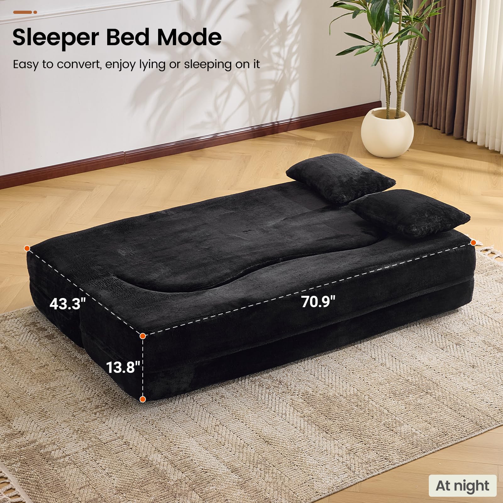 Orynveela Convertible Folding Sofa Bed, 78” Full Size Floor Sleeper Couch, Chenille Full Foam Futon Loveseat for Living Room Bedroom, No Assembly Required (Green): 71" Black