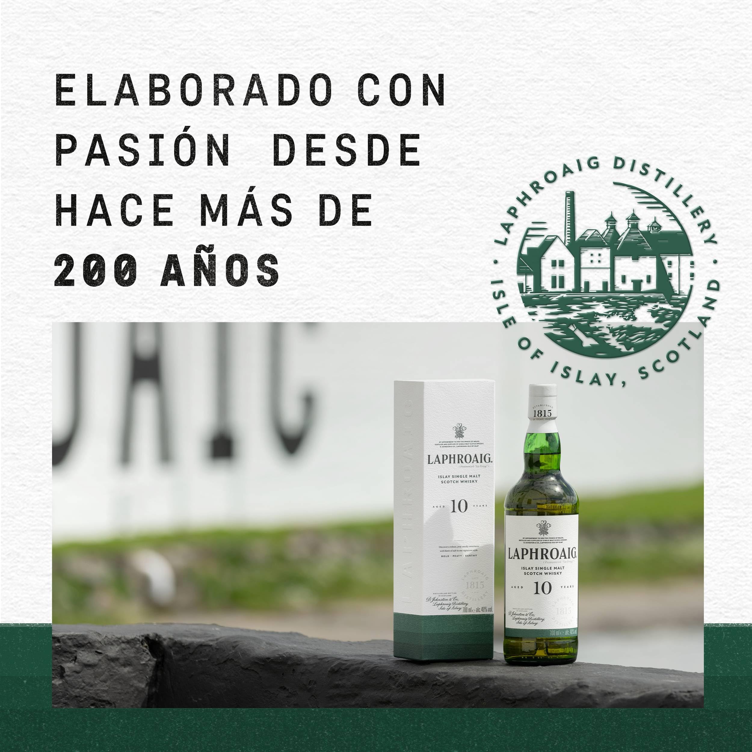 Laphroaig 10 Años Single Malt Escoces Peated Whisky Escoces, 40% - 700 ml