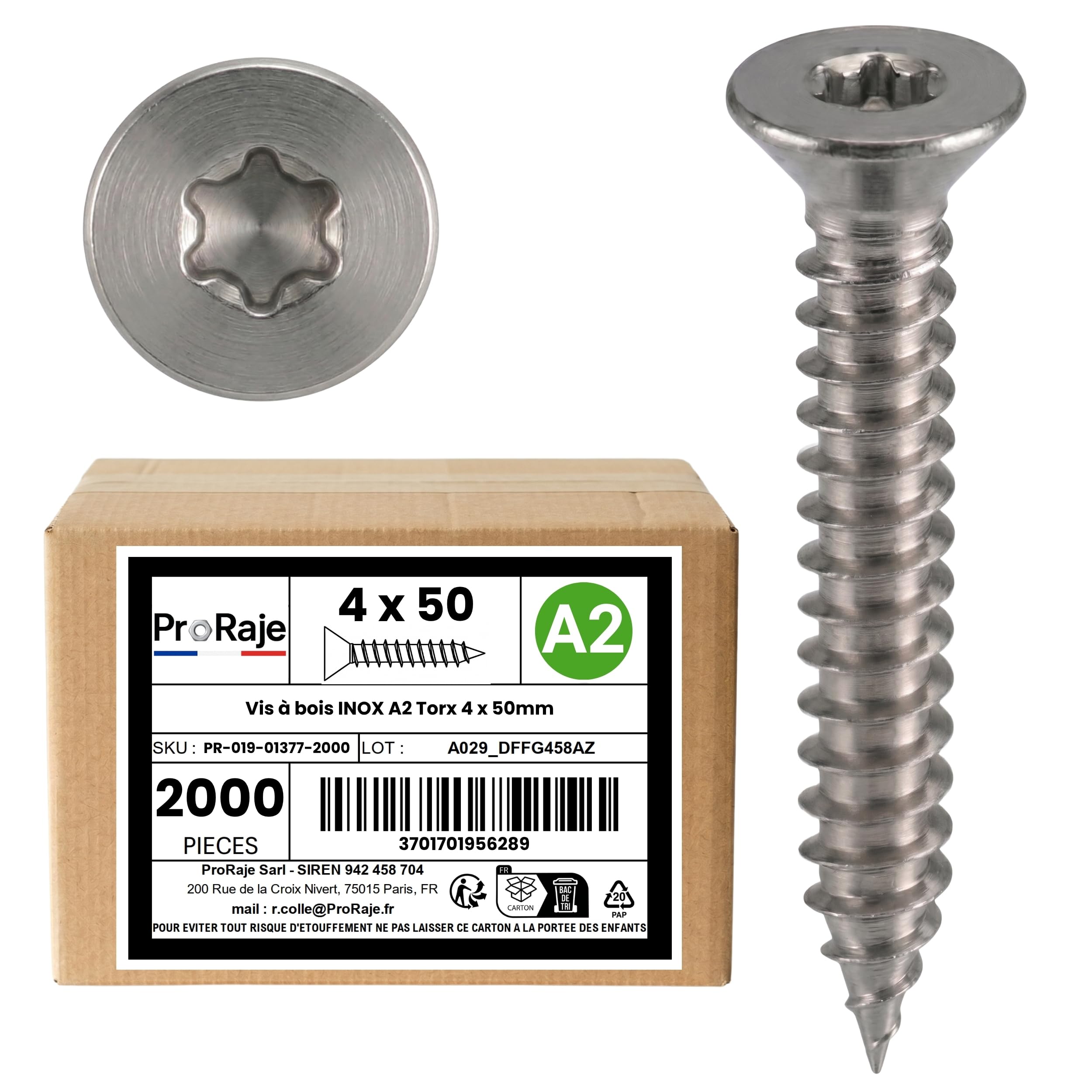 Wood Screws Stainless Steel A2: 4 x 50 mm | Countersunk Head Torx (TX) | Stainless Steel A2 (V2A / AISI 304) | Construction / Chipboard / Patio / etc: Pack of 2000 ProRaje