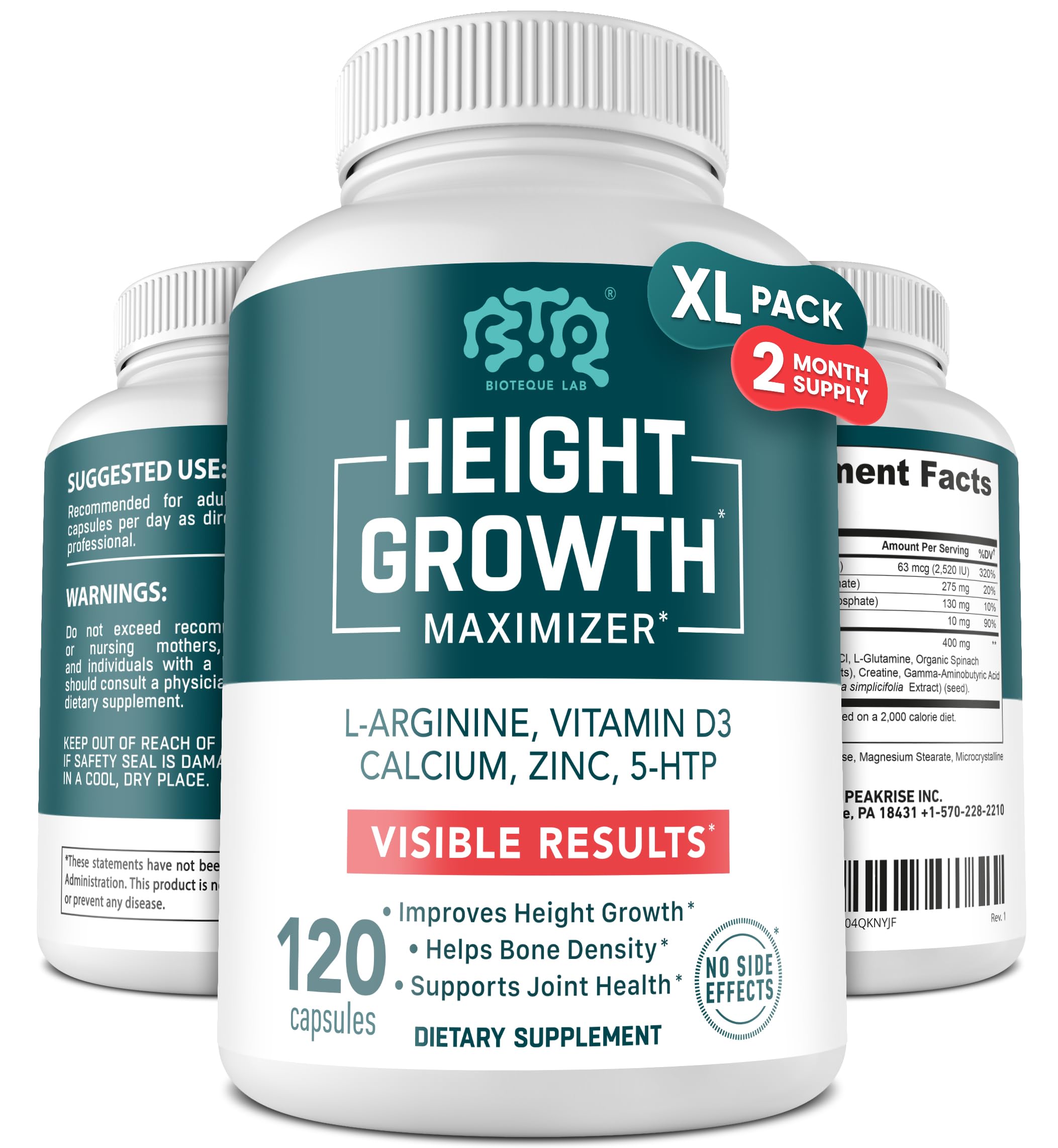 Height Growth Maximizer, Calcium, Vitamin D3 and Zinc Blend Pills, Bone Growth Supplement for Kids and Teens, Bone Strength, Density Support, GMO-Free, Gluten-Free, Made in USA, 120 Caps