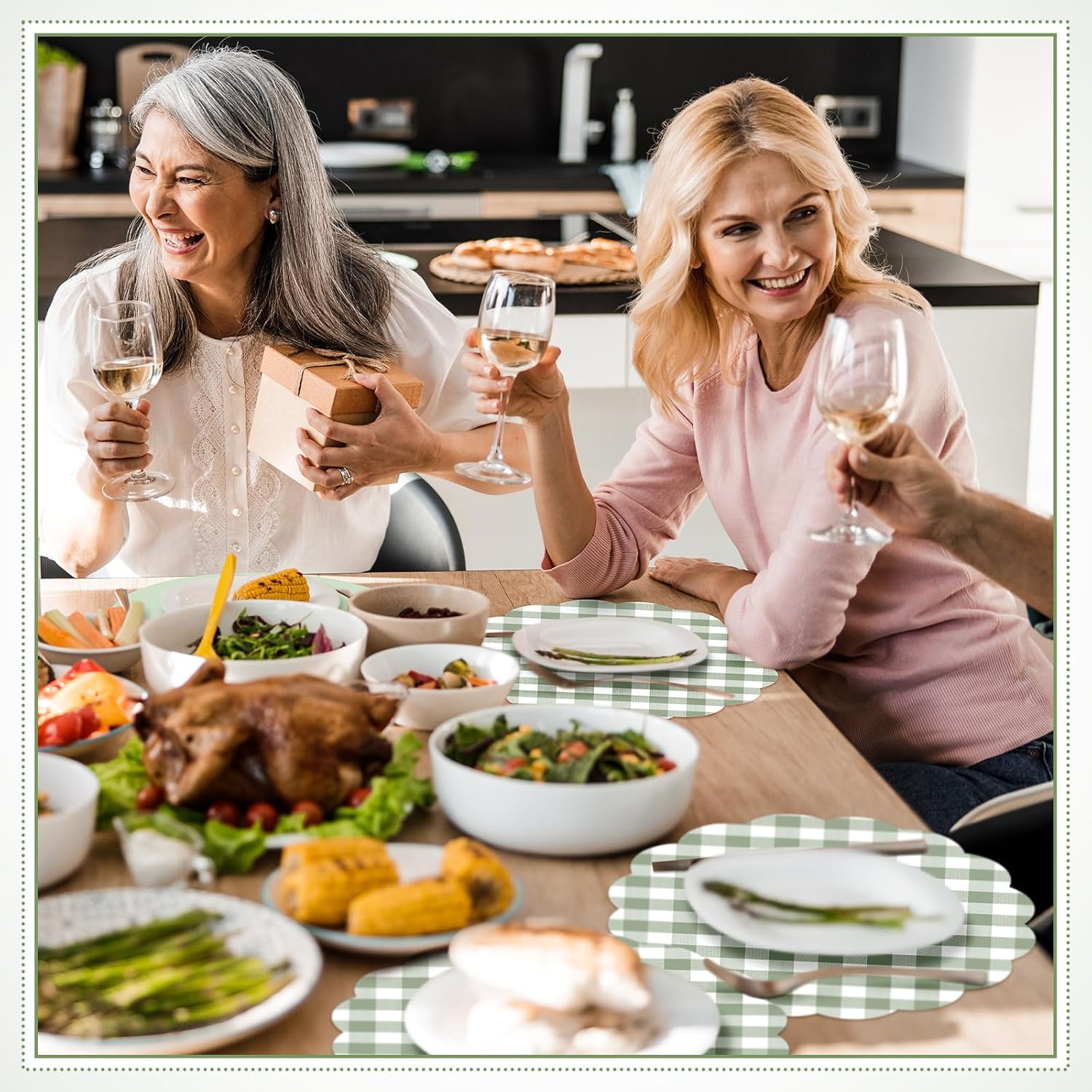 Tinlade 80 Pcs Sage Green Gingham Paper Placemats Disposable Scalloped Place Mats 13 Inch Buffalo Plaid Table Mats for Picnic Birthday Baby Shower Wedding Party
