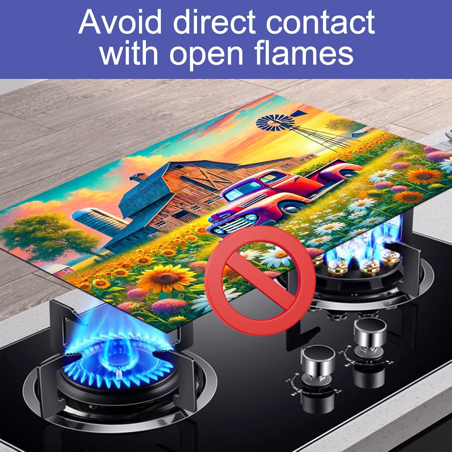 HOMETITUTE Farm Truck Stove Top Covers for Electric Stove 28x20 Inches Heat Resistant Glass Cooktop Protector Pad Decorative Stovetop Cover Dish Drying Mats for Kitchen Coffee Bar Decor