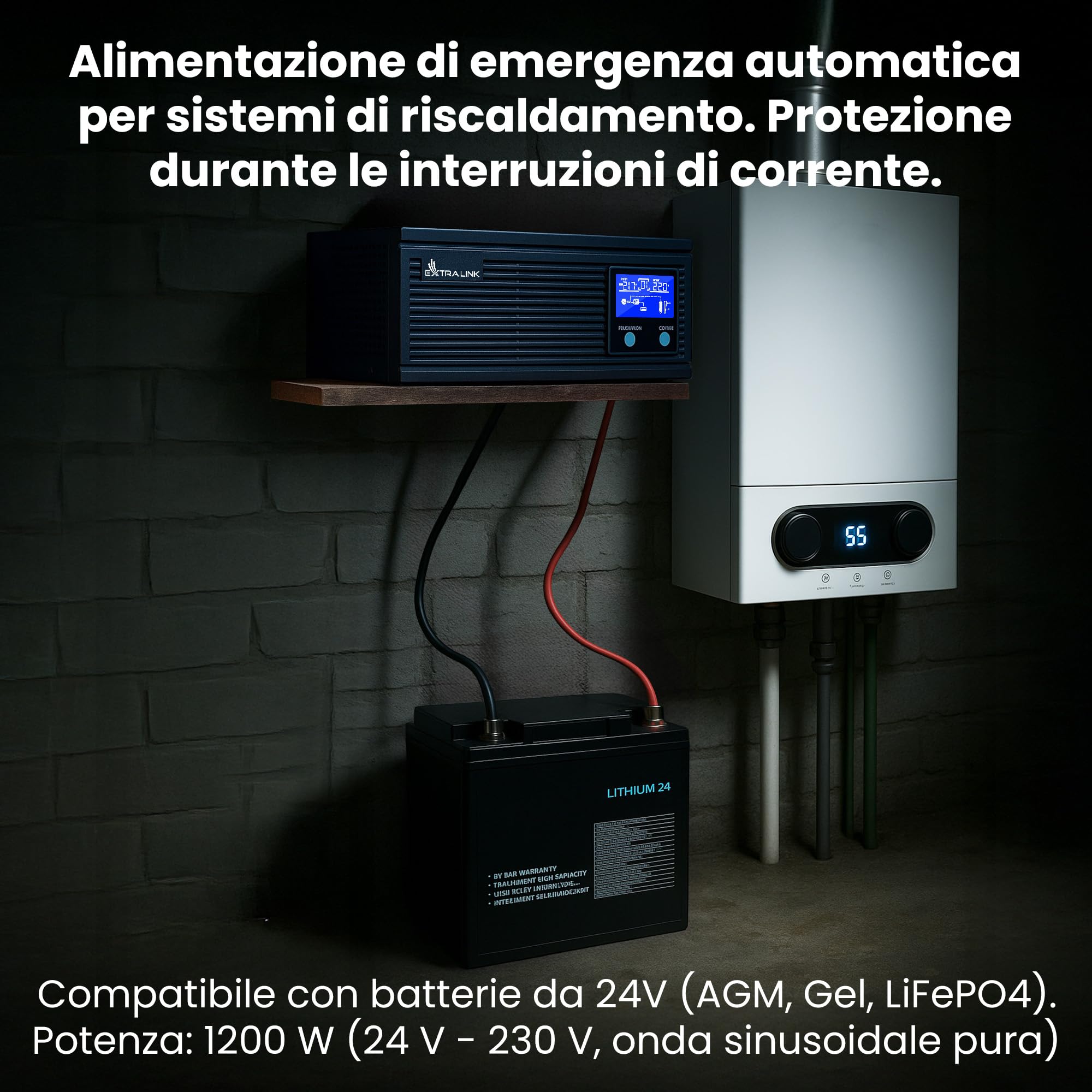 Extralink PIORUN UPS 1200W a onda sinusoidale pura da 24V a 220V | alimentazione di emergenza e inverter con display LCD | gruppo di continuità per riscaldamento, server, dispositivi medici