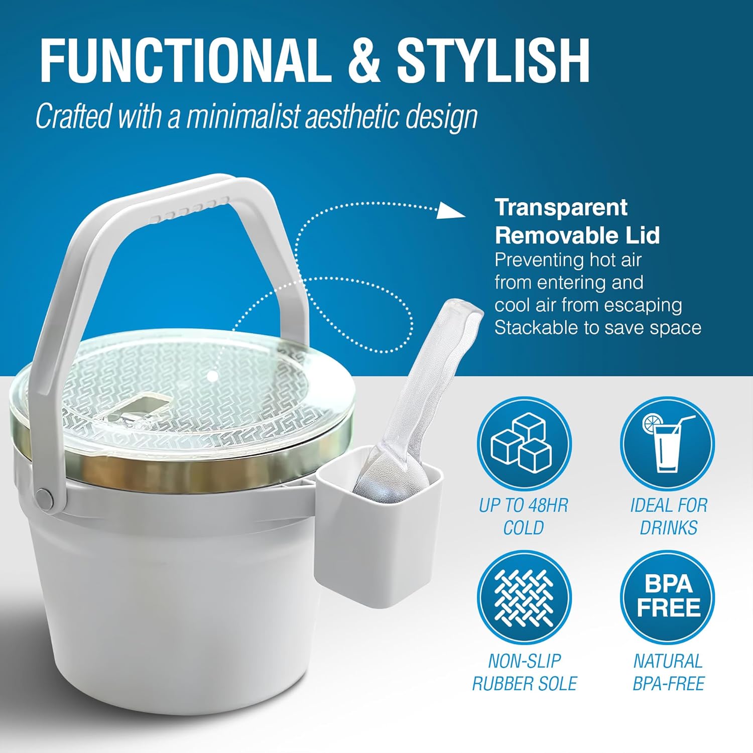 Insulated Ice Bucket with Lid & Scoop-XL Double-Walled, bar Essentials for Entertaining, Holiday Party, Stainless Steel Wine Chiller, Beverage Tub with Handle, Bottle Opener, Great Gift(White)