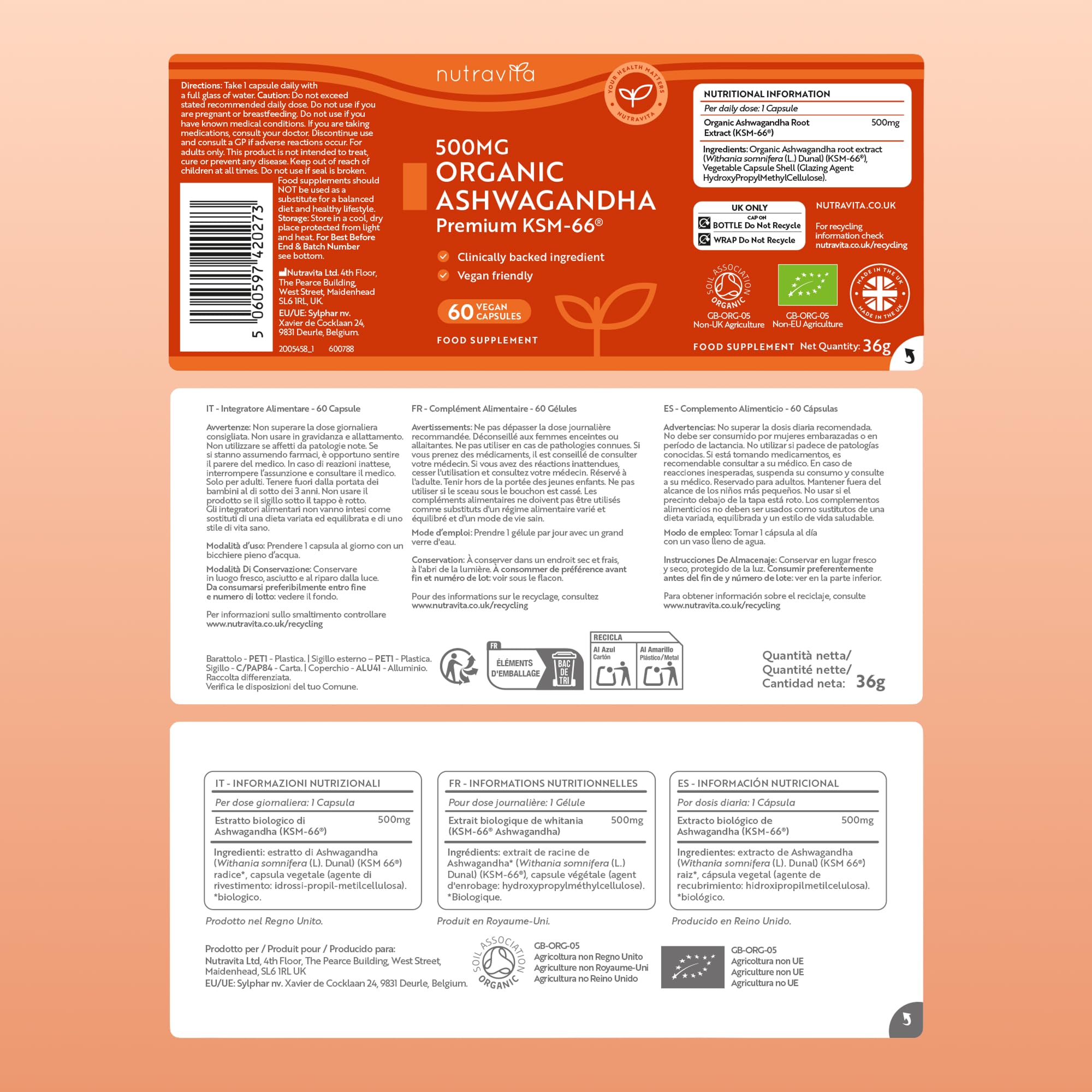 Nutravita Ashwagandha Orgánica 500mg - KSM-66® Sin Excipiente. 100% Natural Cápsula Vegana de Ashwagandha - Suplemento adaptógeno Ayurveda Ginseng Indio (Withania Somnifera) Antiflamatorio natural
