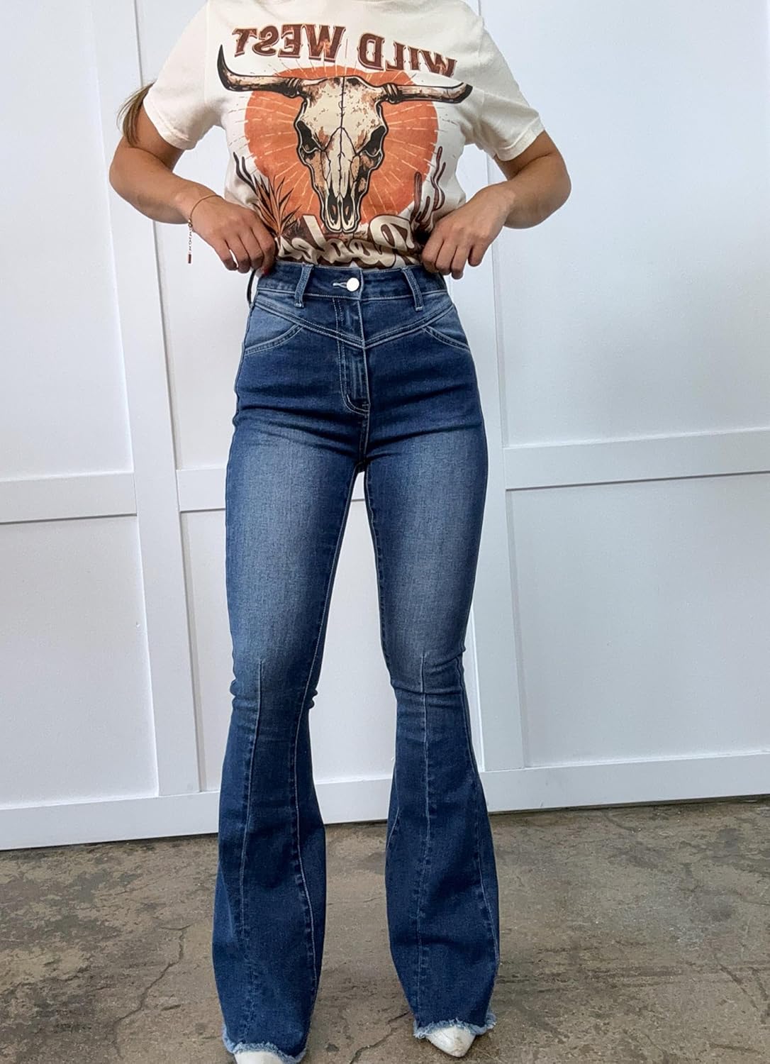 Willow Boutique Keep Up Flare Dark Wash Jeans for Women | Stretchy Bell Bottoms, V-Waist, Bootcut, Western Wear Style