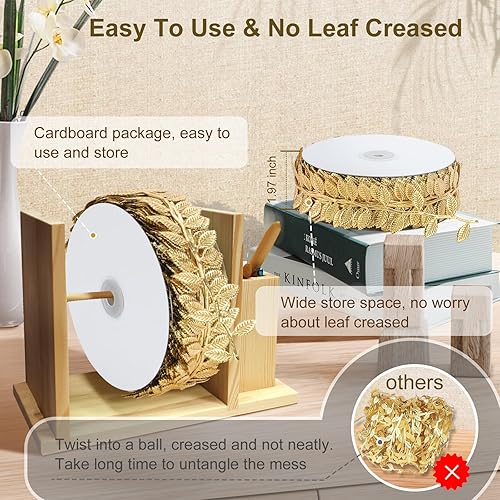 Miniatura 5 de Naidiler Cinta de hoja dorada, 20 yardas de largo, corte artificial de hojas de oro para manualidades, envoltura, pastel de boda, baby shower,