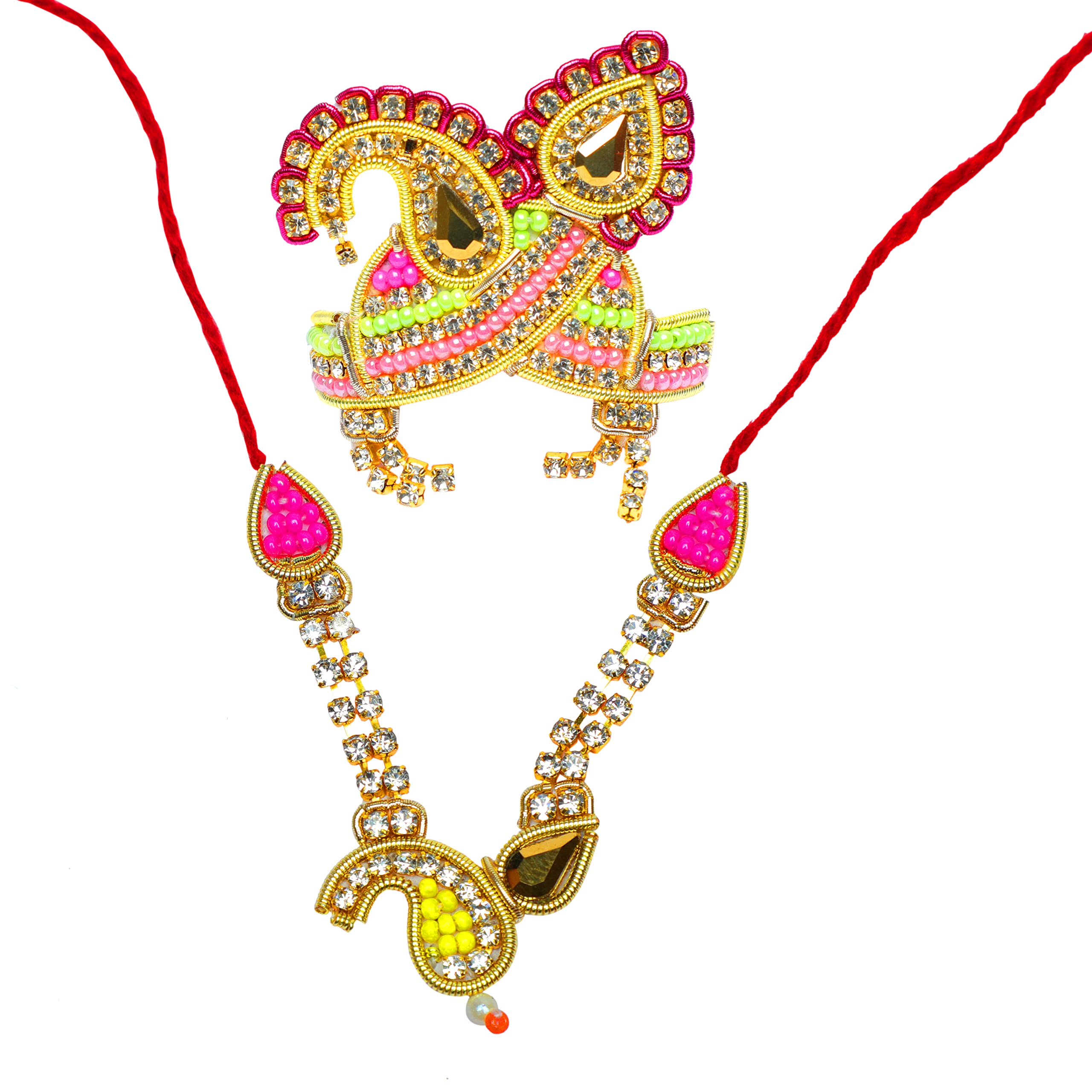 Aditri CreationMala Mukut Set for God Goddess Ganesh G/Laddu Gopal/Devi Maa/Radha Krishna Haar Sringar Set Deities jewellary Set for All God Idol Statue (Size:- 3, Color :- Pink, Green & Golden)