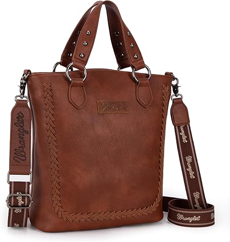 Wrangler Bolsos de mano con asa superior para mujer, bolsos acolchados con bolsillos con cremallera, trenza en forma de U y diseño único de remaches