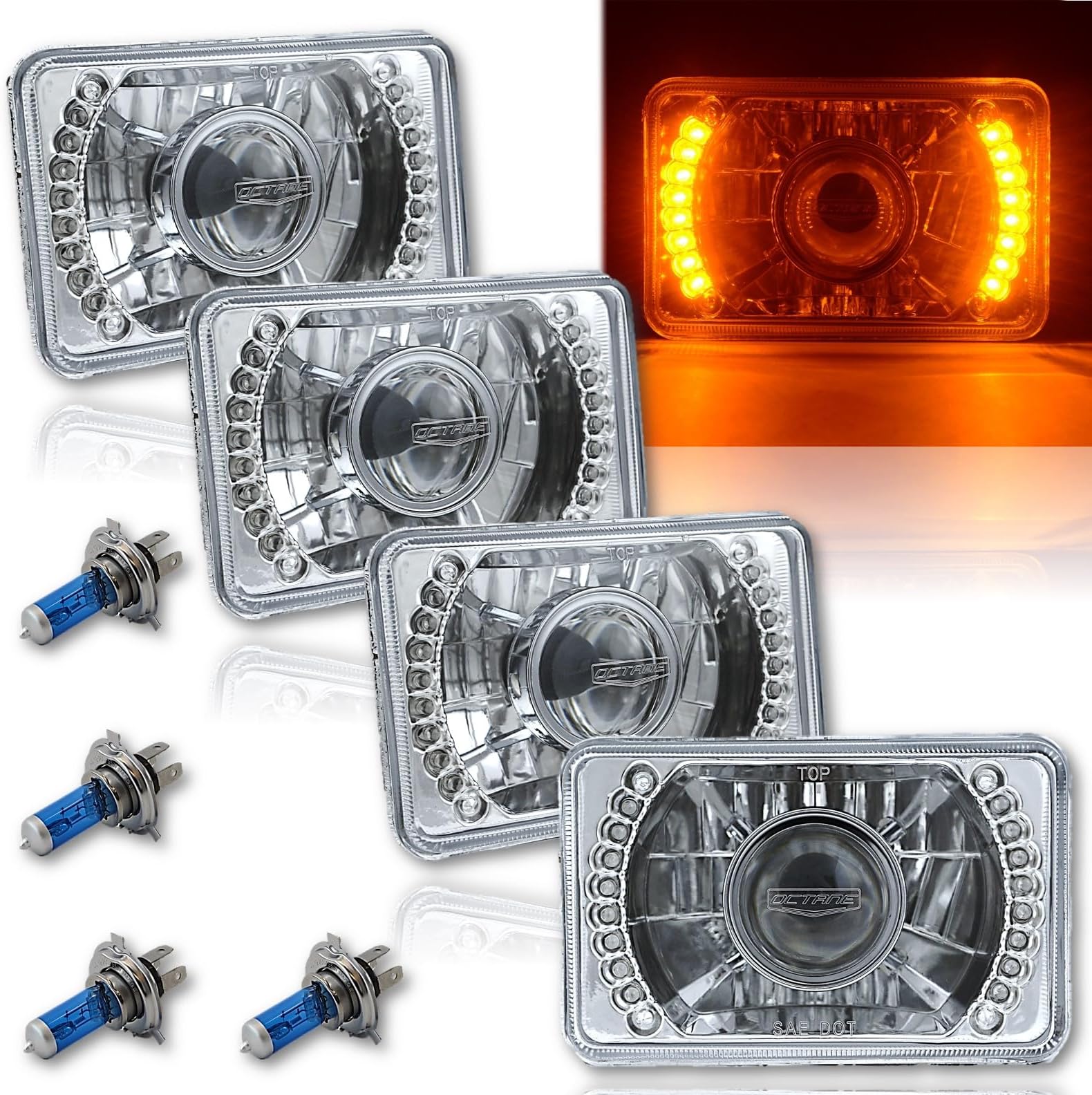 Octane Lighting 4X6 Amber Led Halo Projector Halogen Headlight Headlamp Bulbs Crystal Clear Set