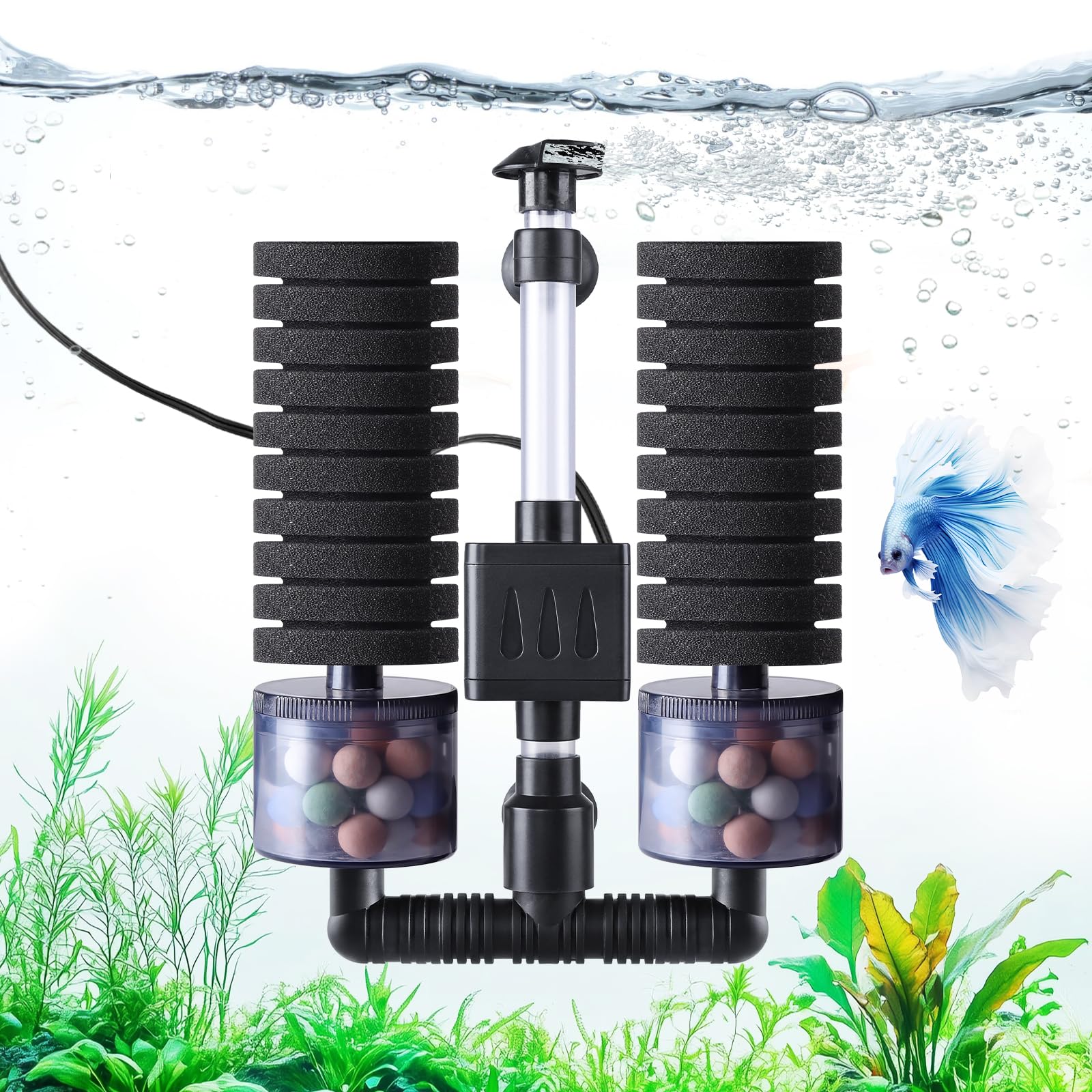 AQQA Electric Sponge Filter for Aquariums - Dual Bio & Mechanical Filtration, 8W 80 GPH Water Pump with Oxygenation & Water Circulation, Fits 15-55 Gallon Fish Tanks (110V/60Hz)