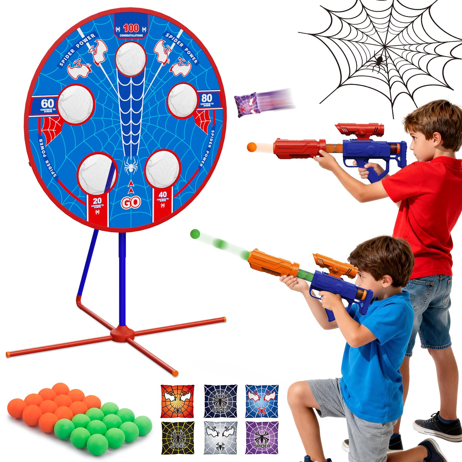 Spider Upgraded 2-in-1 Shooting Games Toys: Rotating Target, 2 Air Blasters & 24 Foam Balls, Bean Bag Toss Game for Kids, Indoor Outdoor Yard Party Games for Boys Girls 4 5 6 7 8 9 10+ Year Old Gift