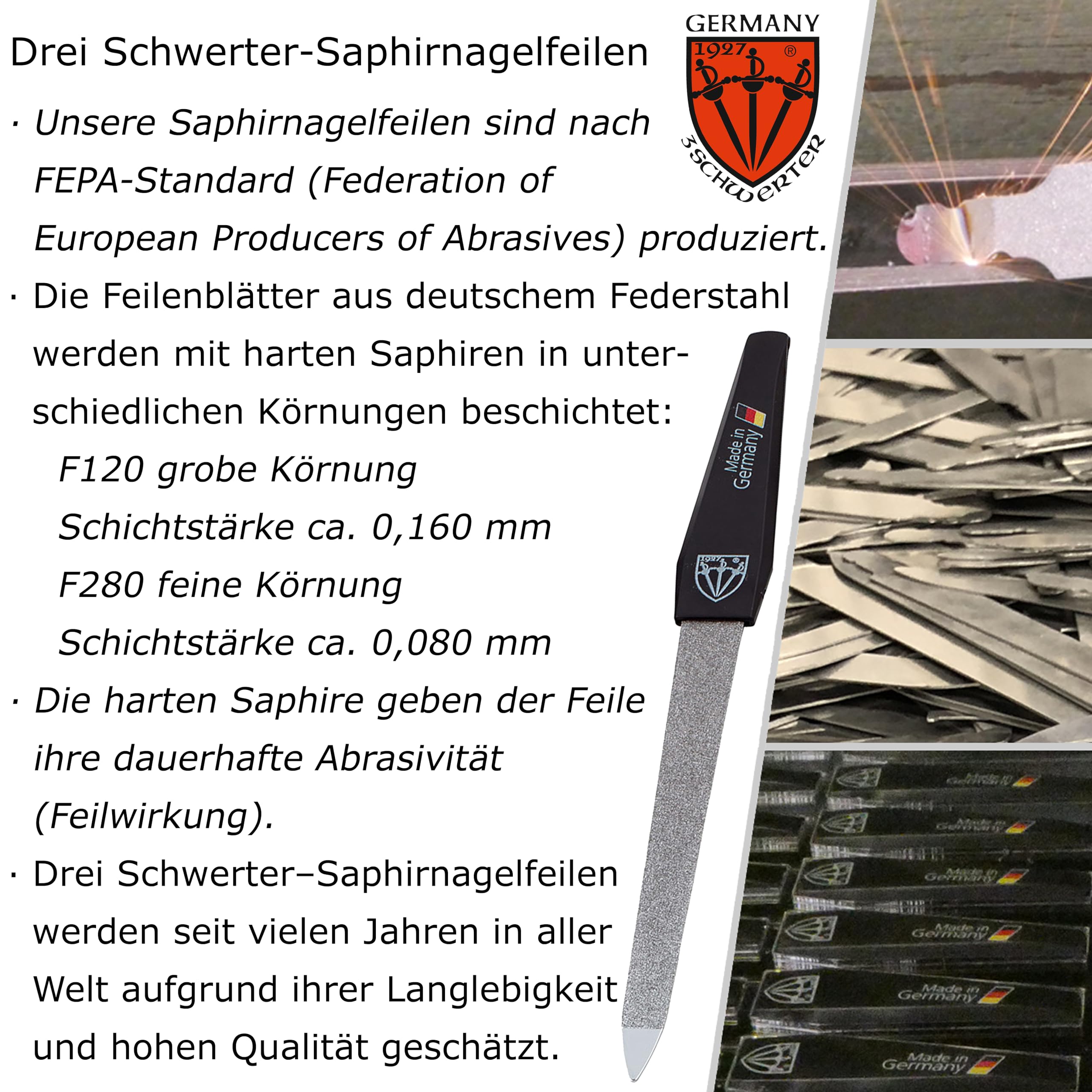 DREI SCHWERTER - Szafirowe pilniki do paznokci zestaw 2 + 1 | wysokiej jakości zestaw do manicure i pedicure, Made in Germany | Zawartość: 2 x szafirowy pilnik do paznokci i 1 x trójdrożna polerka do
