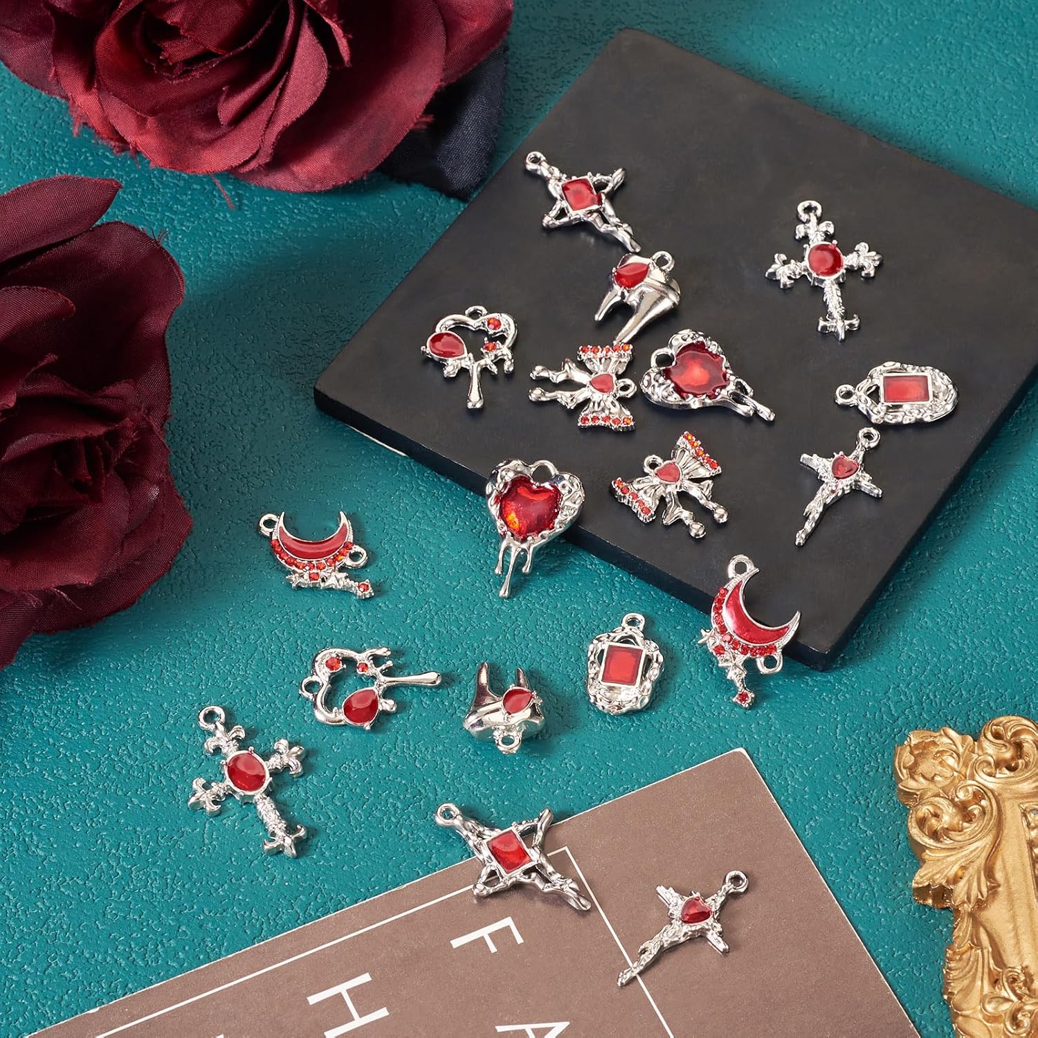 Cheriswelry 18pcs Cross Heart Moon Bowknot Metal Pendants Gothic Style Alloy Enamel Dangle Charms Rectangle Teeth Rhinestone Earring Charms 18~31mm for DIY Craft Necklace Jewelry Making - Image 7
