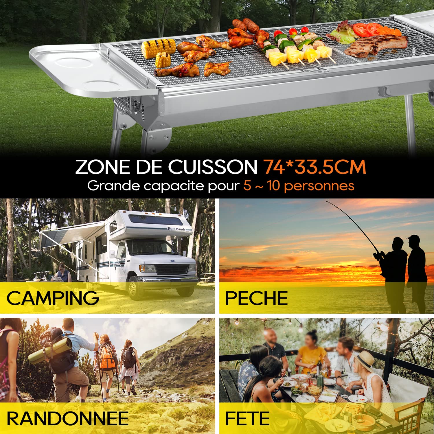 Barbecue à Charbon Pliable – Double Grille | 2‑en‑1 Extérieur, Pliable, Camping portable 74x33,5x71,5cm， avec 2 étagères