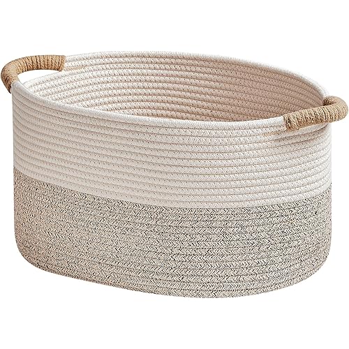 R RUNKA Storage Baskets for Organizing | 15"x10.2"x9.1" Nursery Bin with Handles - Woven Cotton Rope Baskets for Dog Toys, Books, Shelf, Bathroom,Closet -Stylish Storage | White & Beige