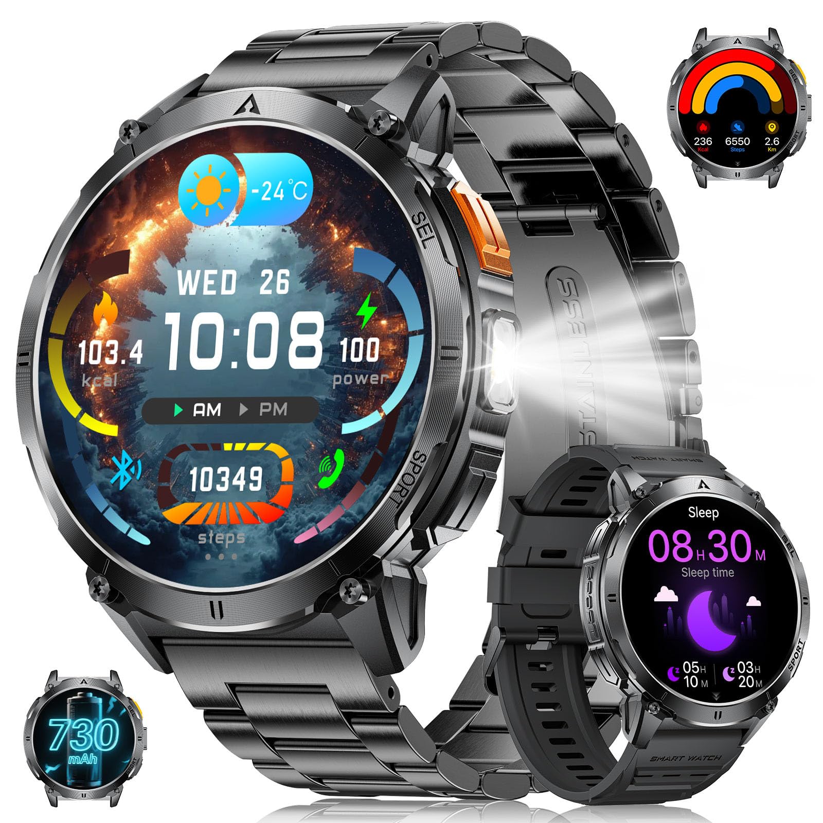 Smartwatch Herren Militär mit LED-Licht, 1,62 Zoll AMOLED Display Fitnessuhr mit Telefonfunktion, 730mAh Akku, 24/7 Herzfrequenz/Schlafmonitor, 119 Sportmodi Sportuhr für iOS Android, 2 Uhrenbänder
