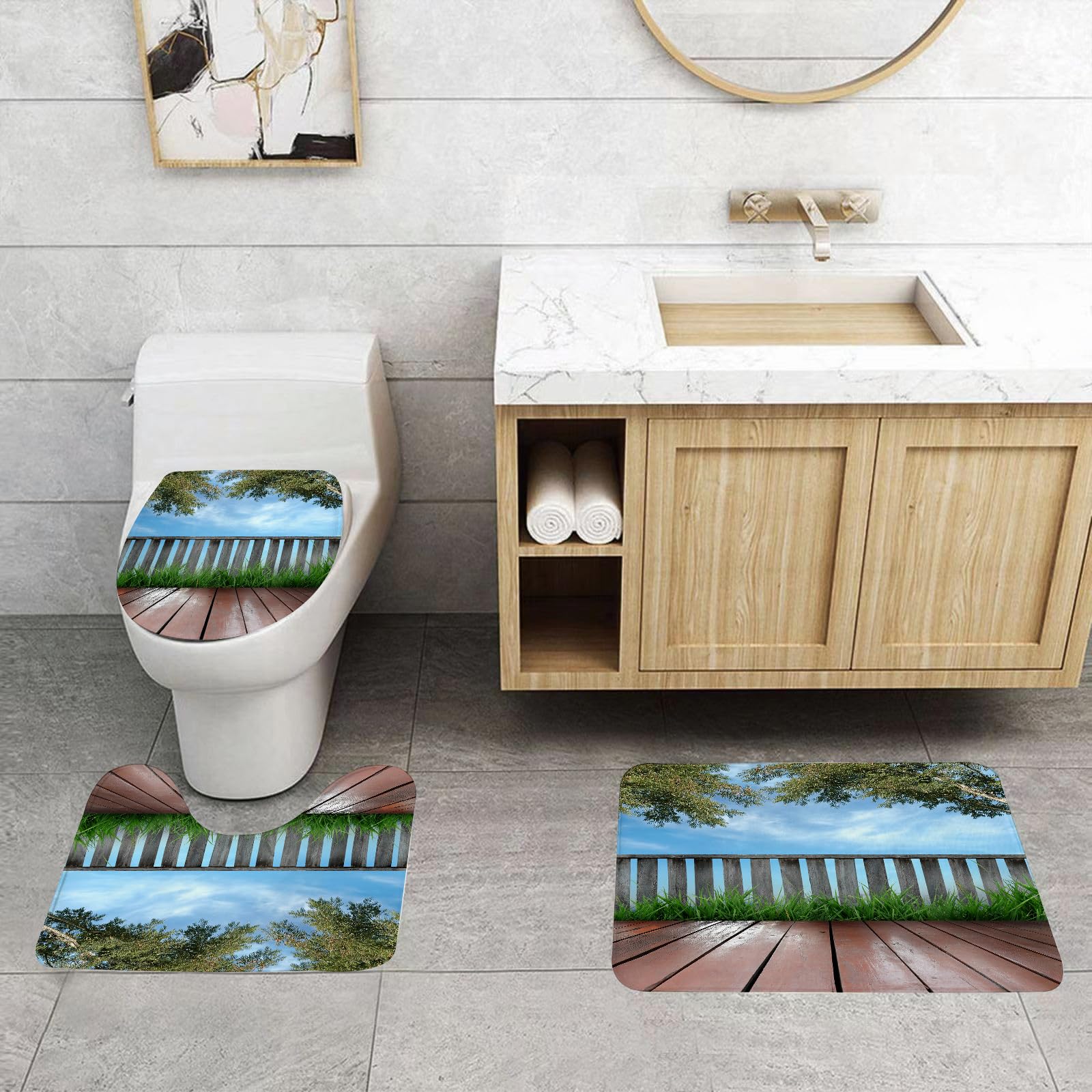 EMCLKS 3 Pieces Bath Mat Set,Machine Washable & Non Slip Bath Mats for Bathroom Set,Soft Superfine fiber Bathroom Rugs Mat,without filling patio decor, wooden terrace veranda with olive trees in open