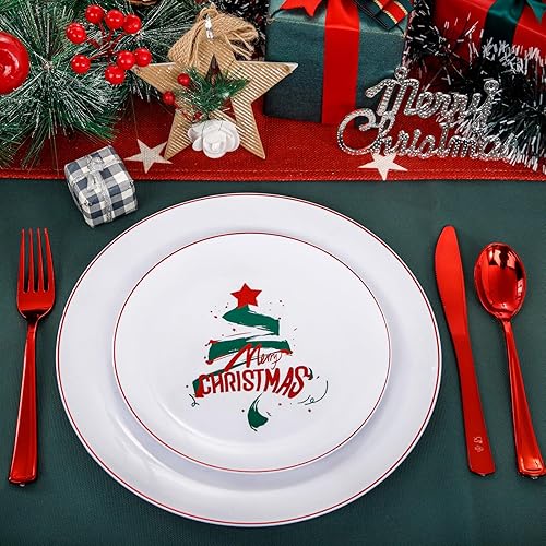Miniatura 6 de NOCCUR 60 platos de Navidad y platos de plástico blanco y rojo, incluyendo 30 platos de cena y 30 platos de postre para fiestas temáticas de Navidad