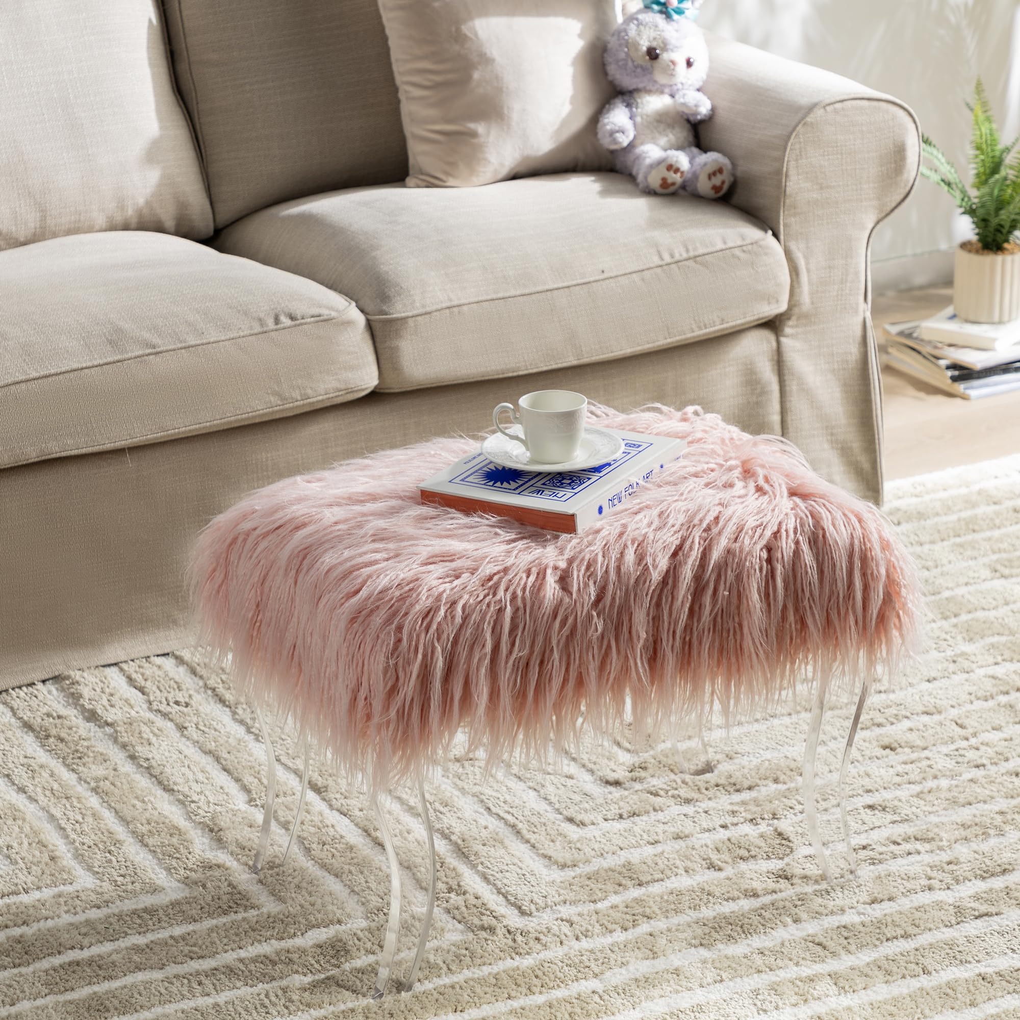 Glitzhome Modern Pink Faux Fur Ottoman Footrest Stool Vanity Stool with Acrylic Legs Accent Bench for Bedroom Livingroom Entryway, 24" L