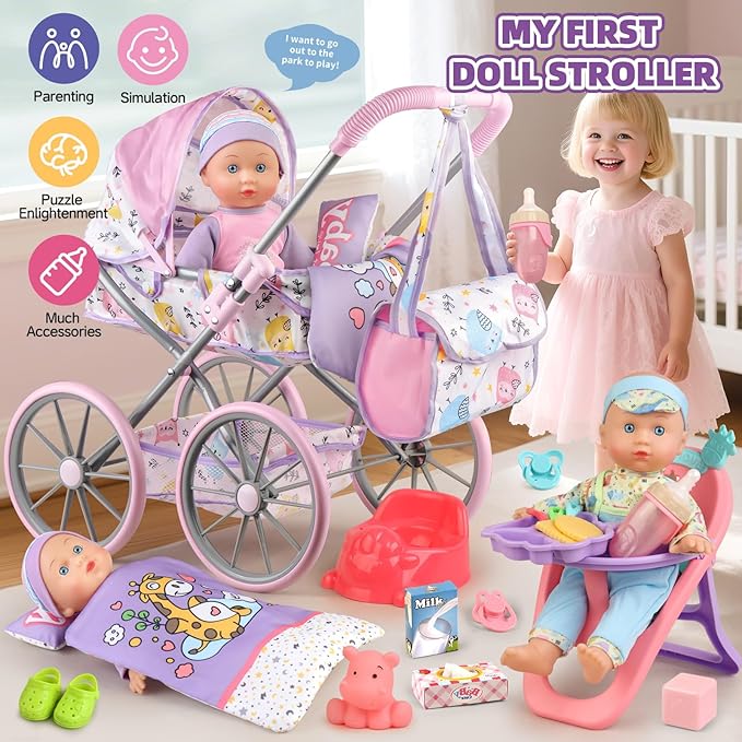 Baby Doll Stroller Playset for Girls Toddlers 3-5 4-6 5-7 Year Old to Play House Games. Stroller Toy with 12.5" Baby Doll, Dining Chair, Quilt Pillow, 24 PCS Doll Accessories and 2 Sets Clothes.