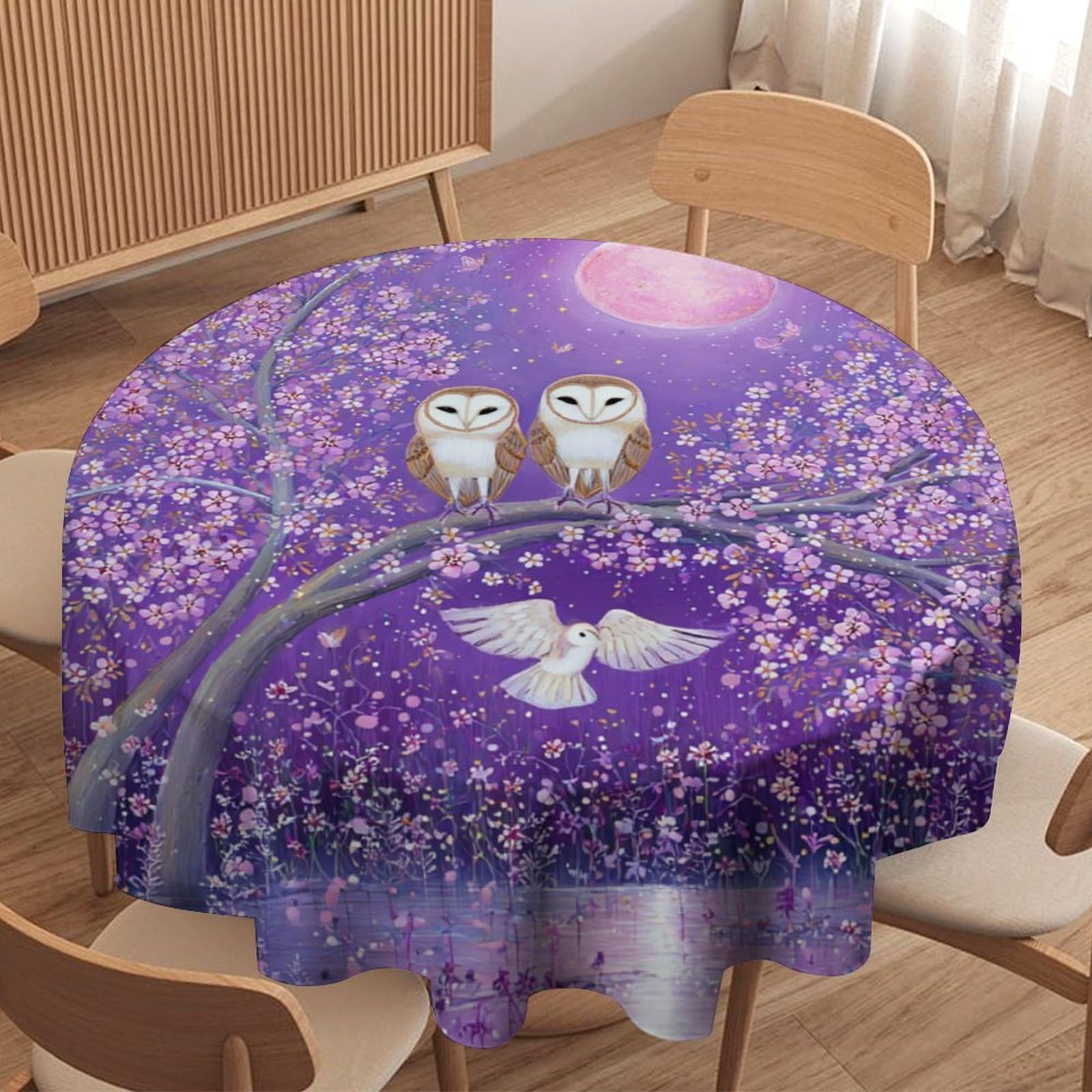 LUYYSKY Beautiful Rustic Birds Owls Waterproof Round Tablecloth Classic Natural Full Moon Cherry Blossom Trees Animals Owls Print Washable Table Cover for Kitchen-127 Wx127 L cm